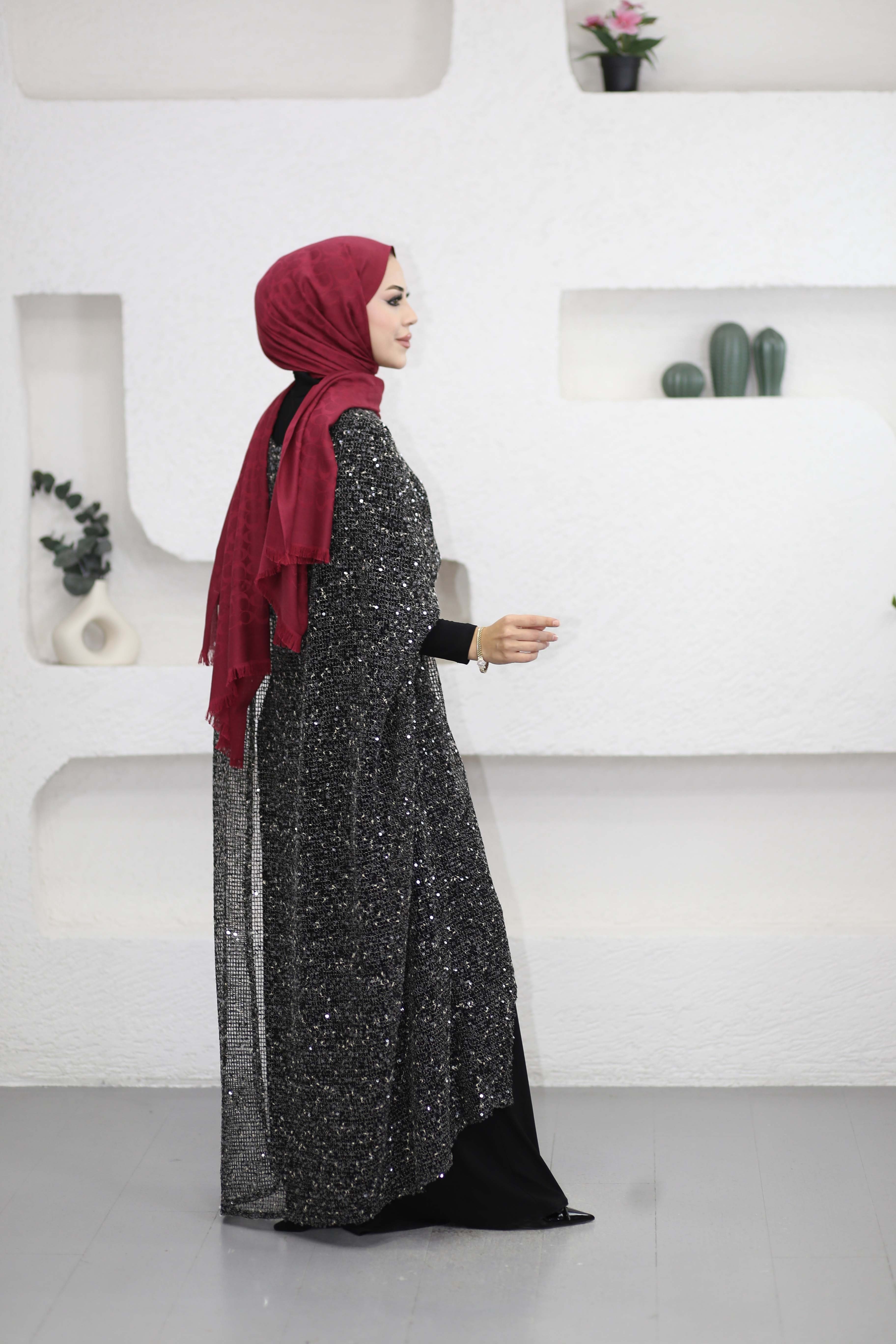 Payet Pelerinli Elbise Siyah 6647
