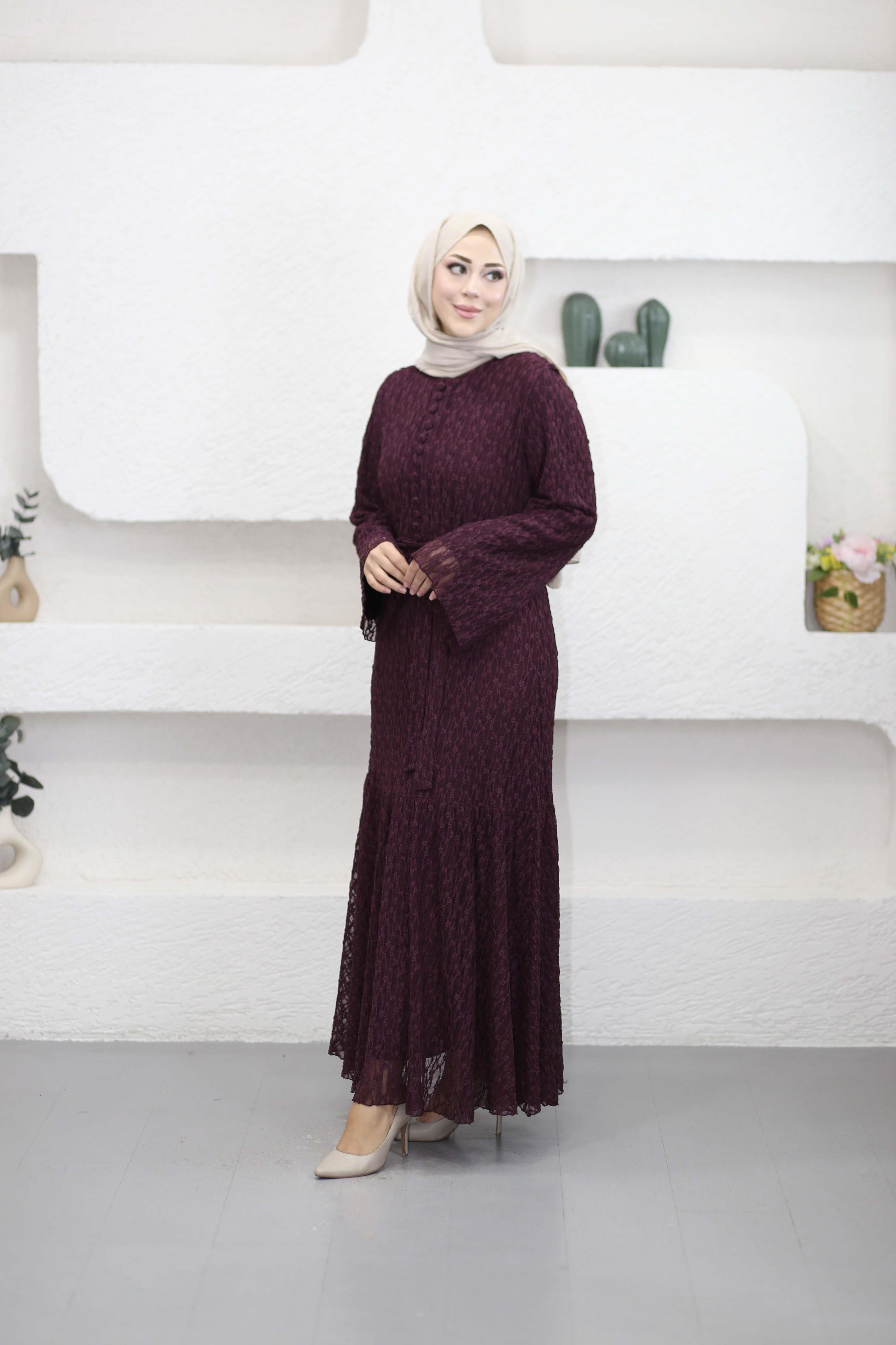 Düğmeli Likralı Dantel Elbise Mürdüm 51245