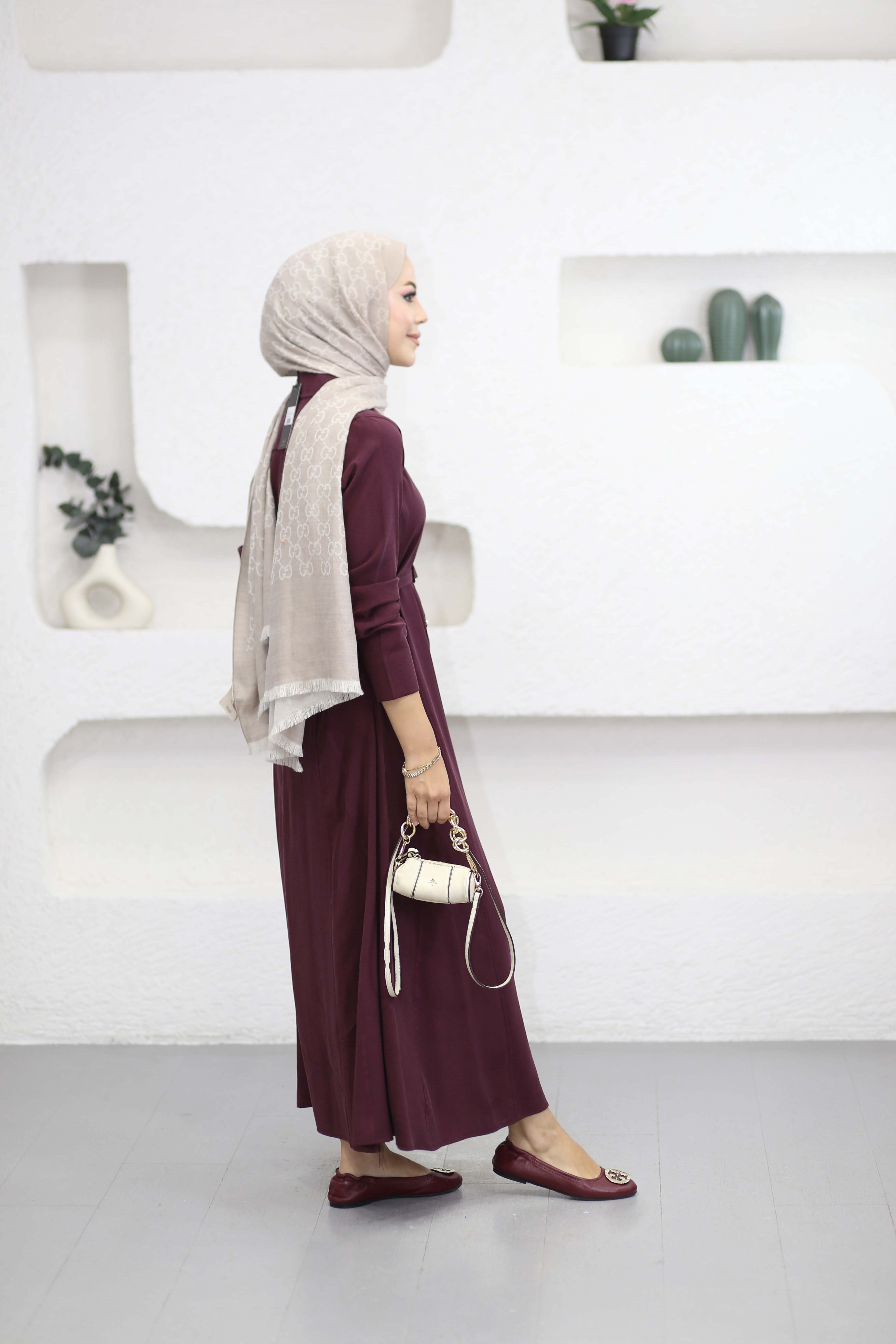 Düğmeli Tencel Gömlek Elbise Bordo 5499