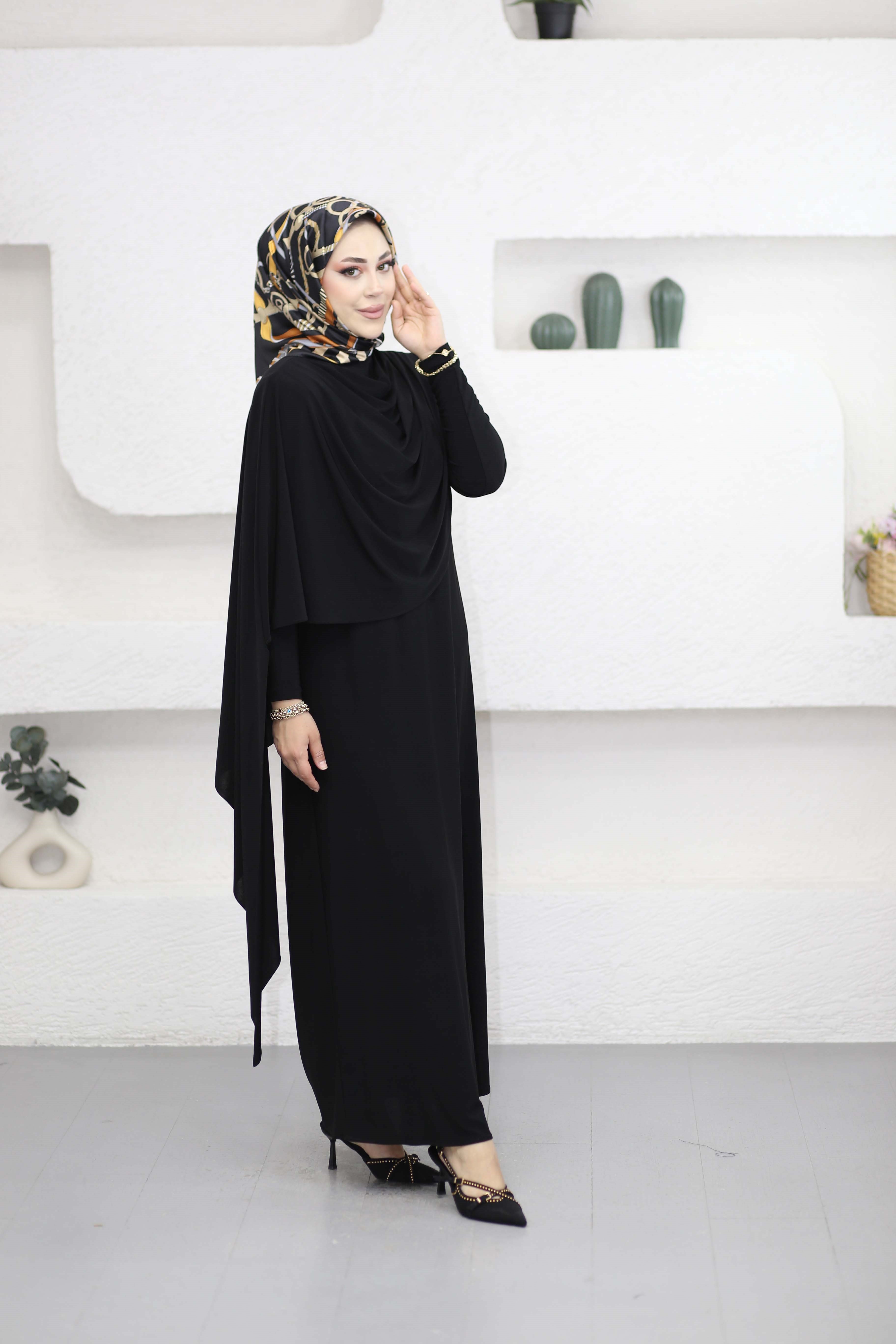 Omuz Şallı Sandy Elbise Siyah 5591