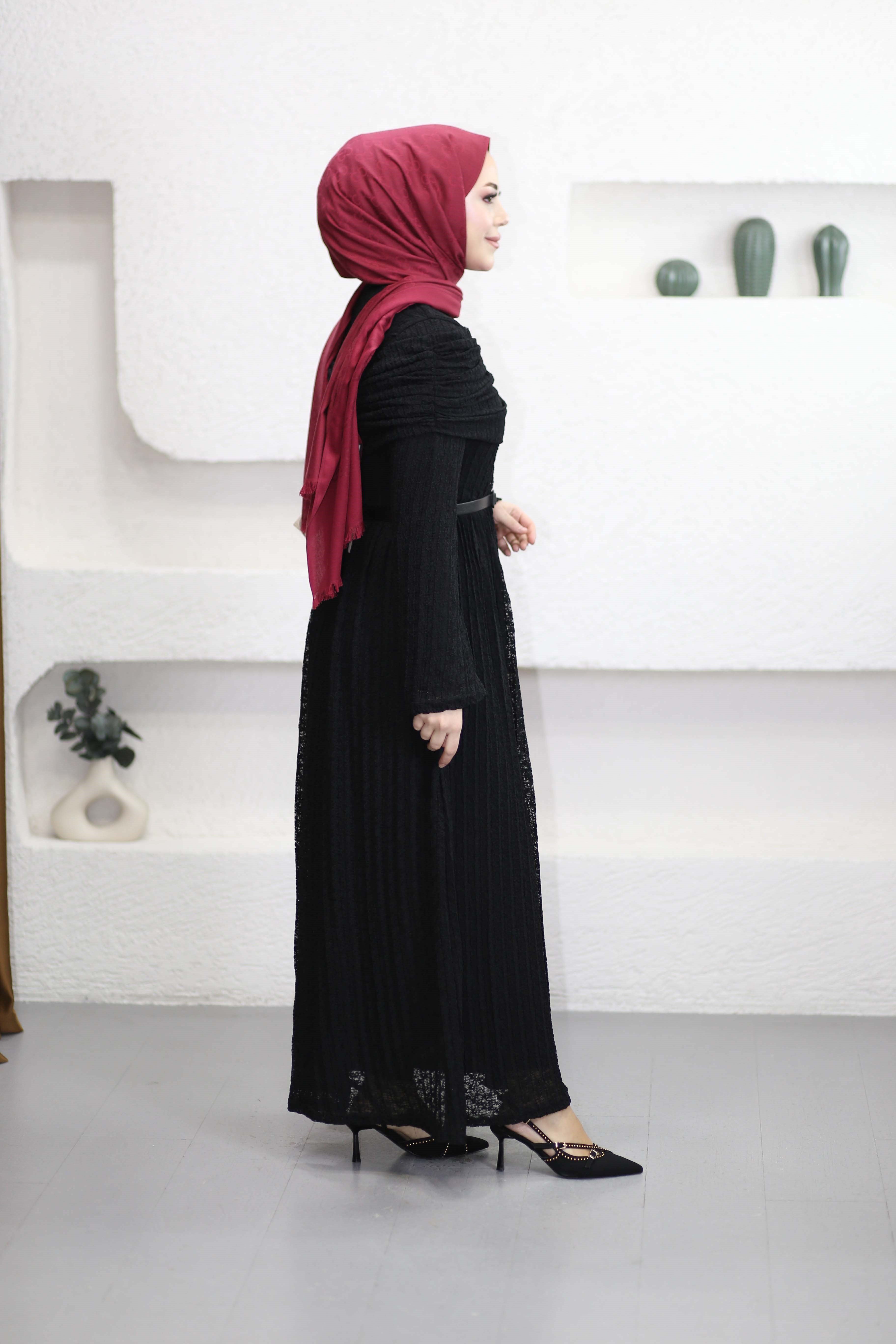Omuz Volanlı Dantel Tül Elbise Siyah 1002