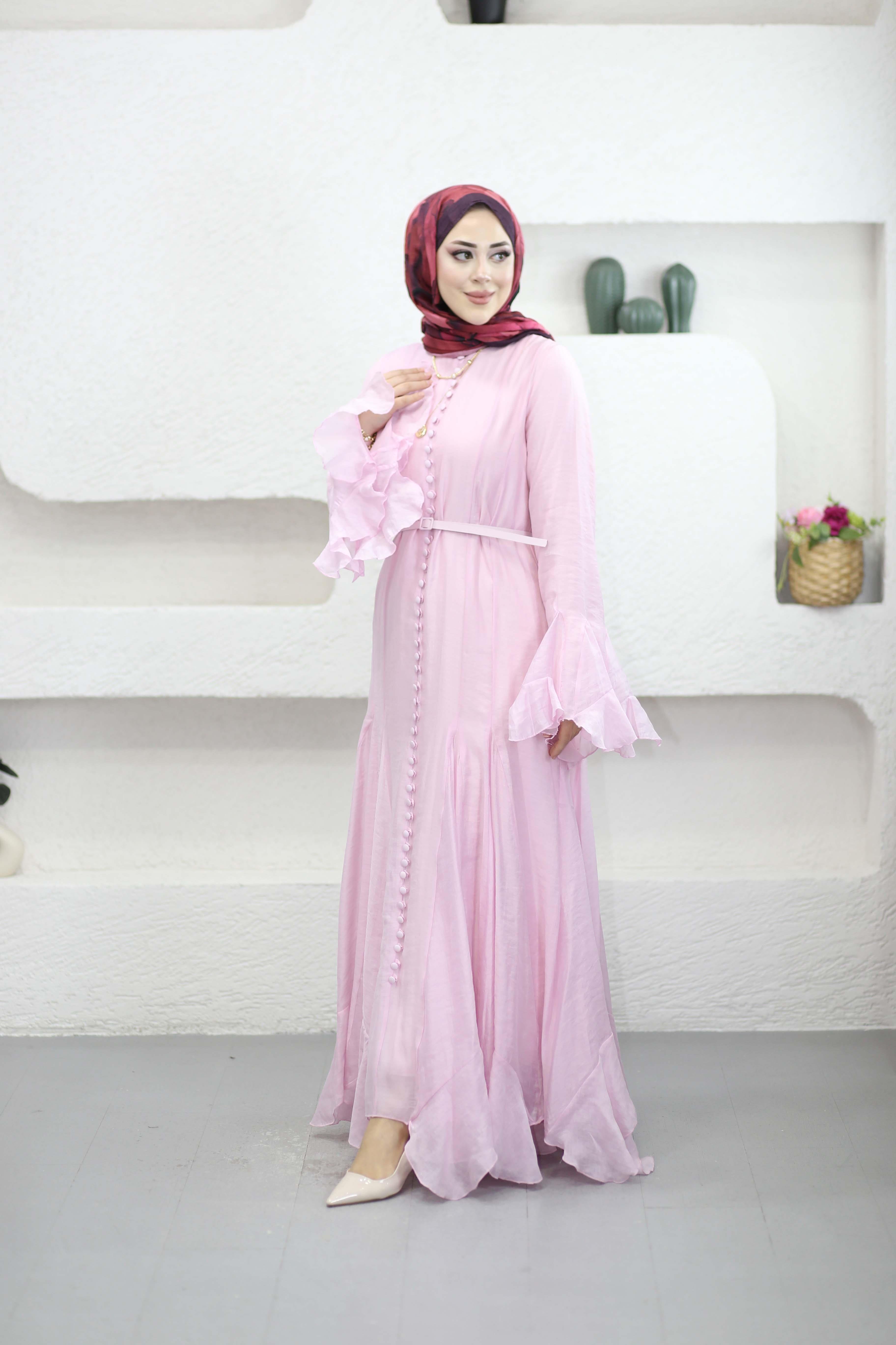 Volan Detaylı Düğmeli Elbise Pembe 26050