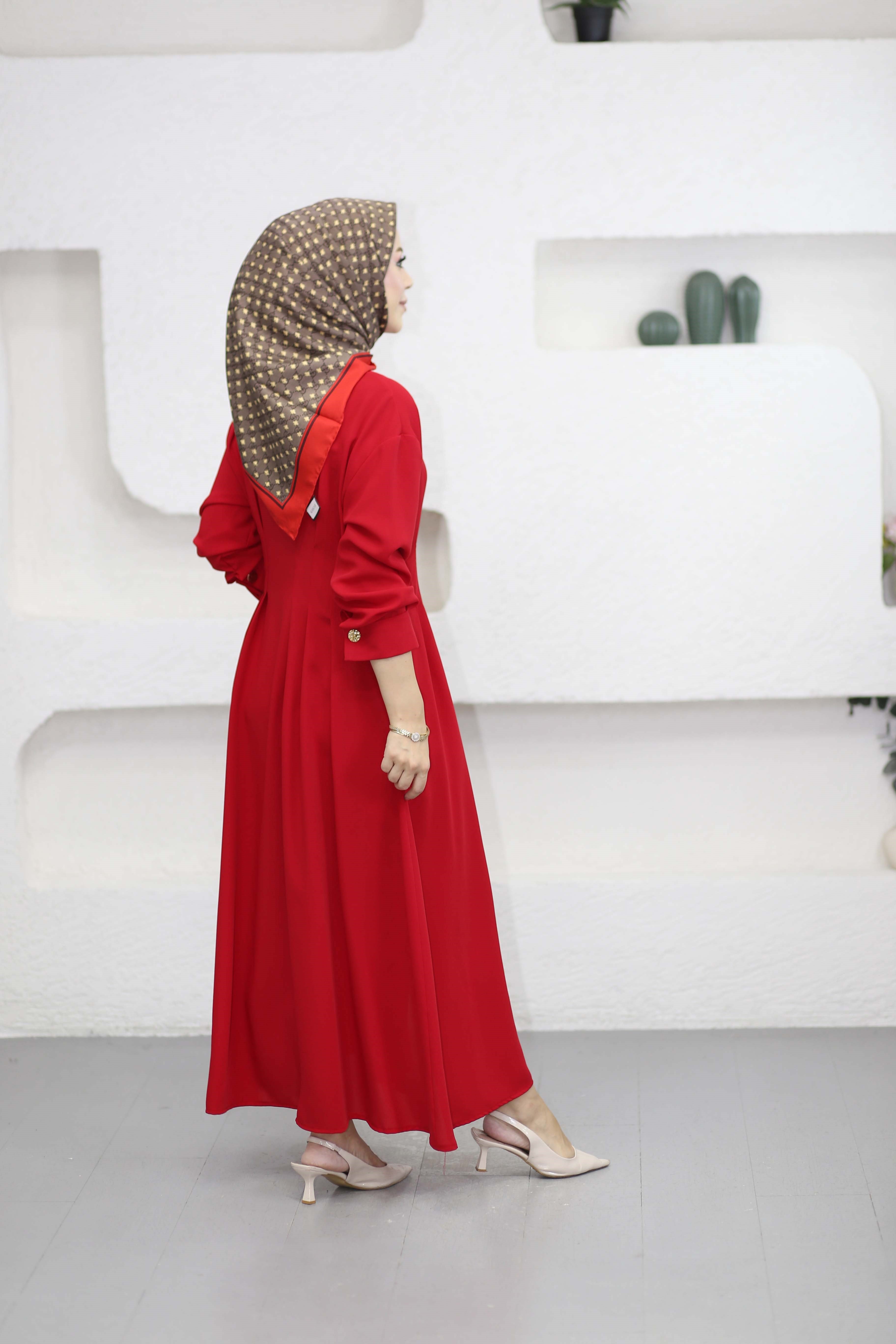 Bel Detaylı Ön Düğmeli Tencel Elbise Kırmızı 5509
