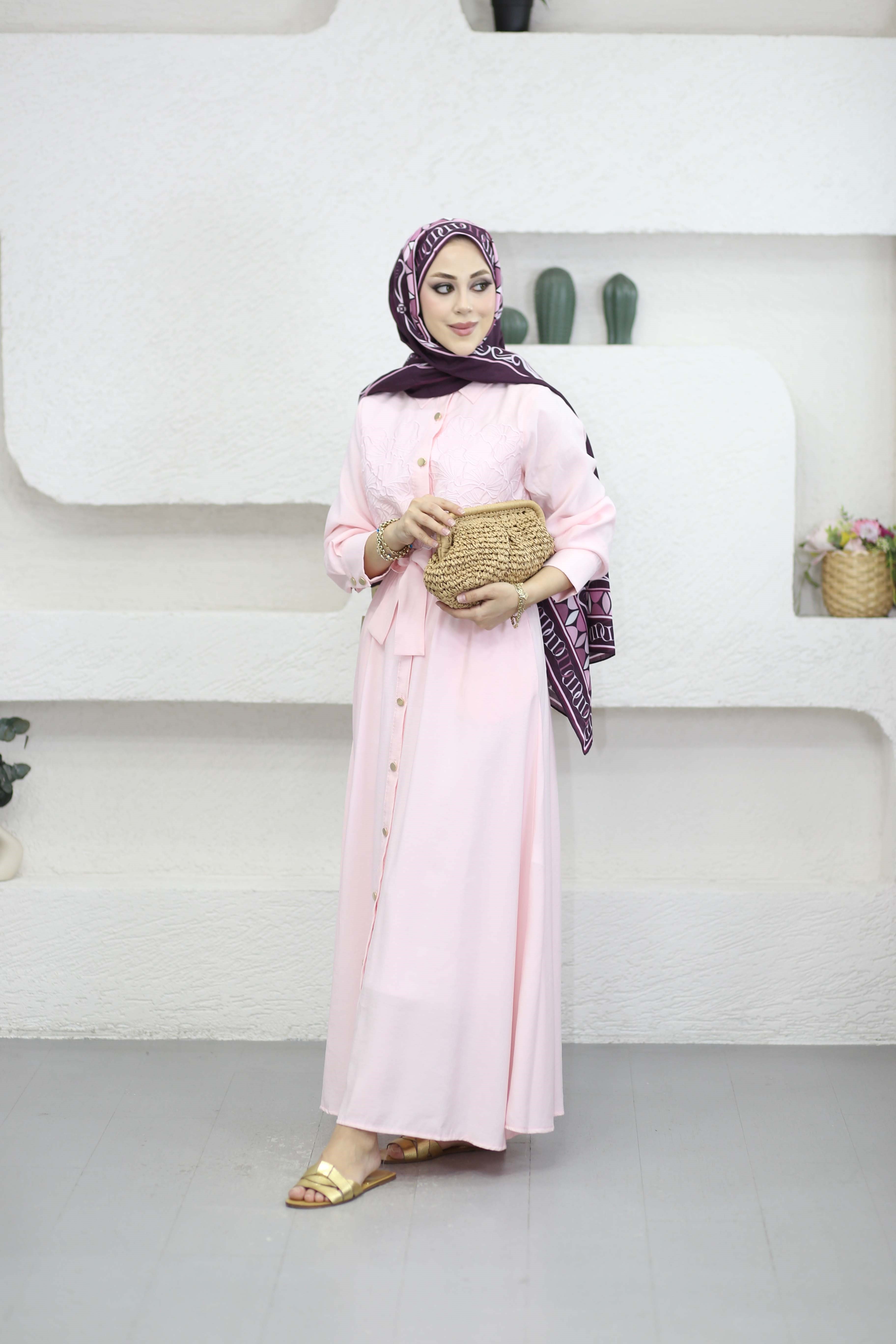 Nakışlı Modal Elbise Pembe 3130