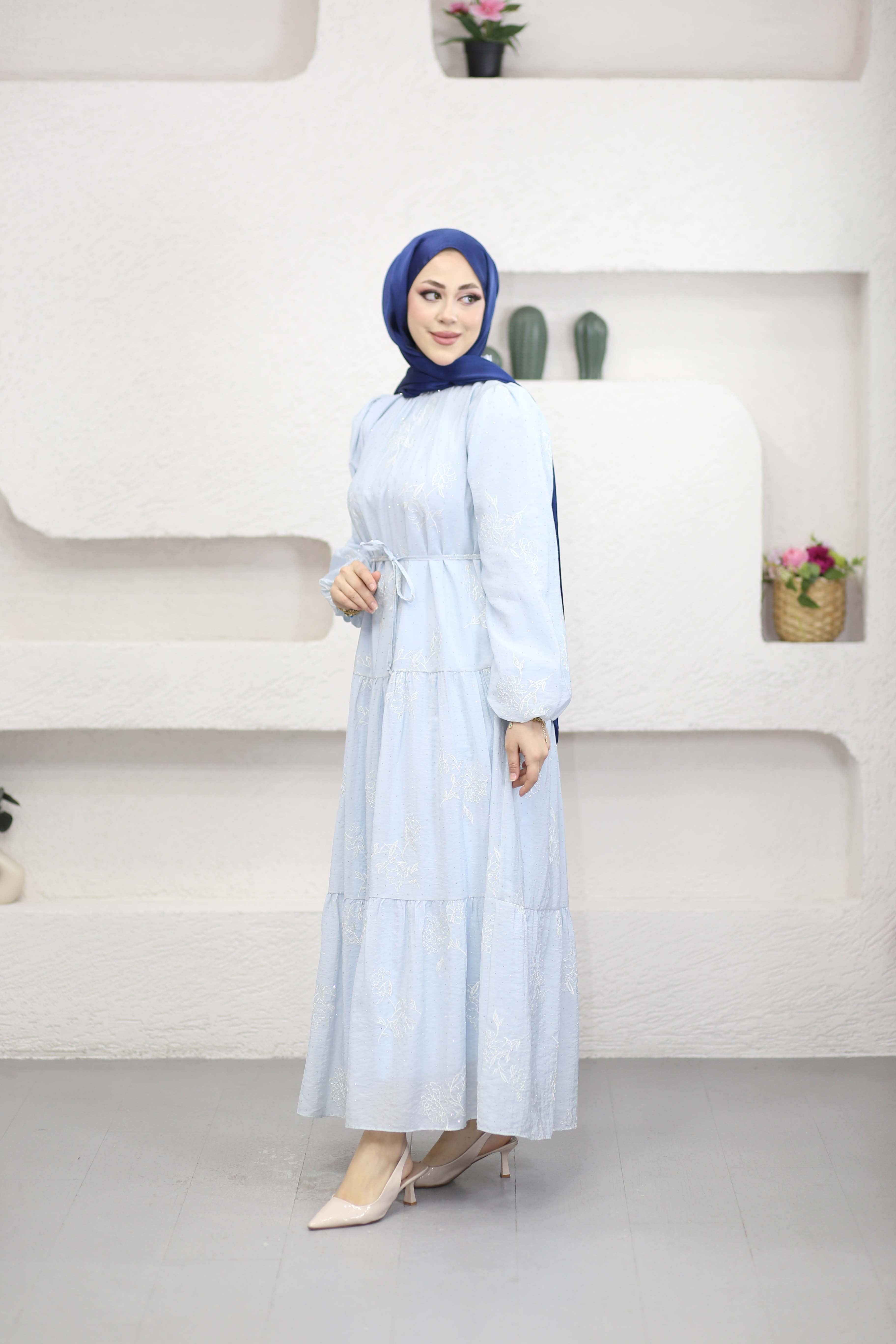 Nakışlı Parıltı Elbise Bebe Mavi 1634