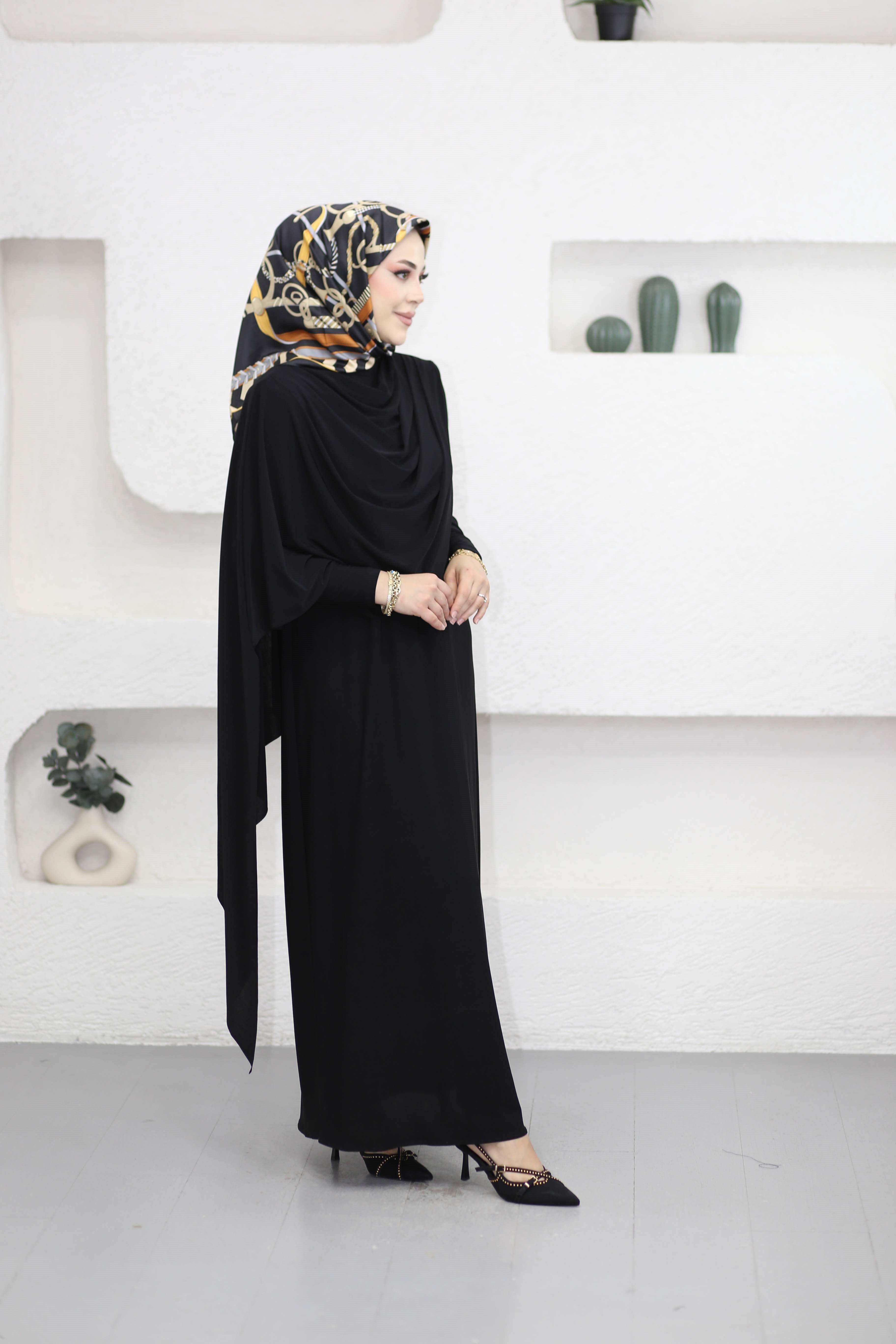 Omuz Şallı Sandy Elbise Siyah 5591