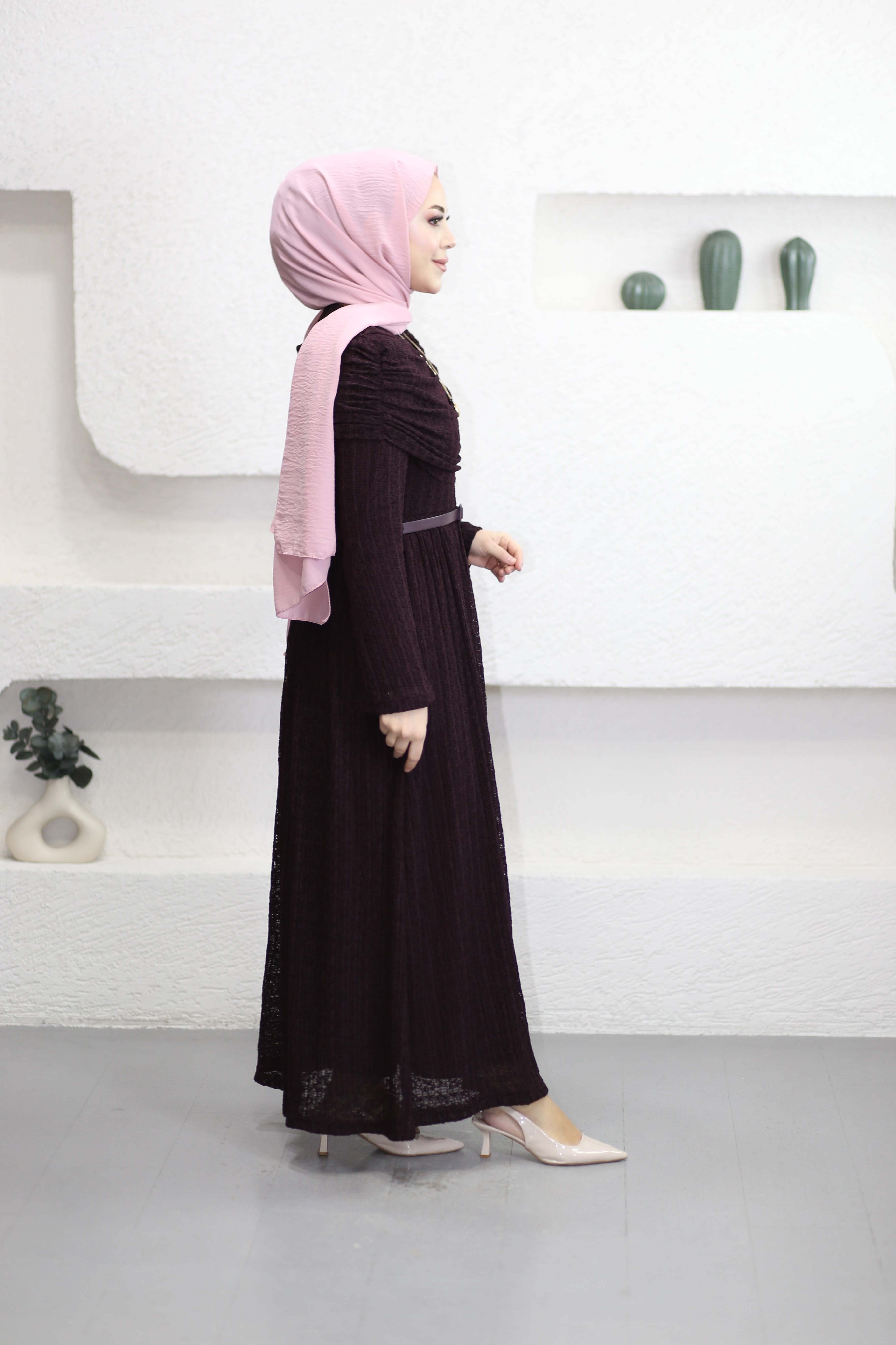 Omuz Volanlı Dantel Tül Elbise Mürdüm 1002