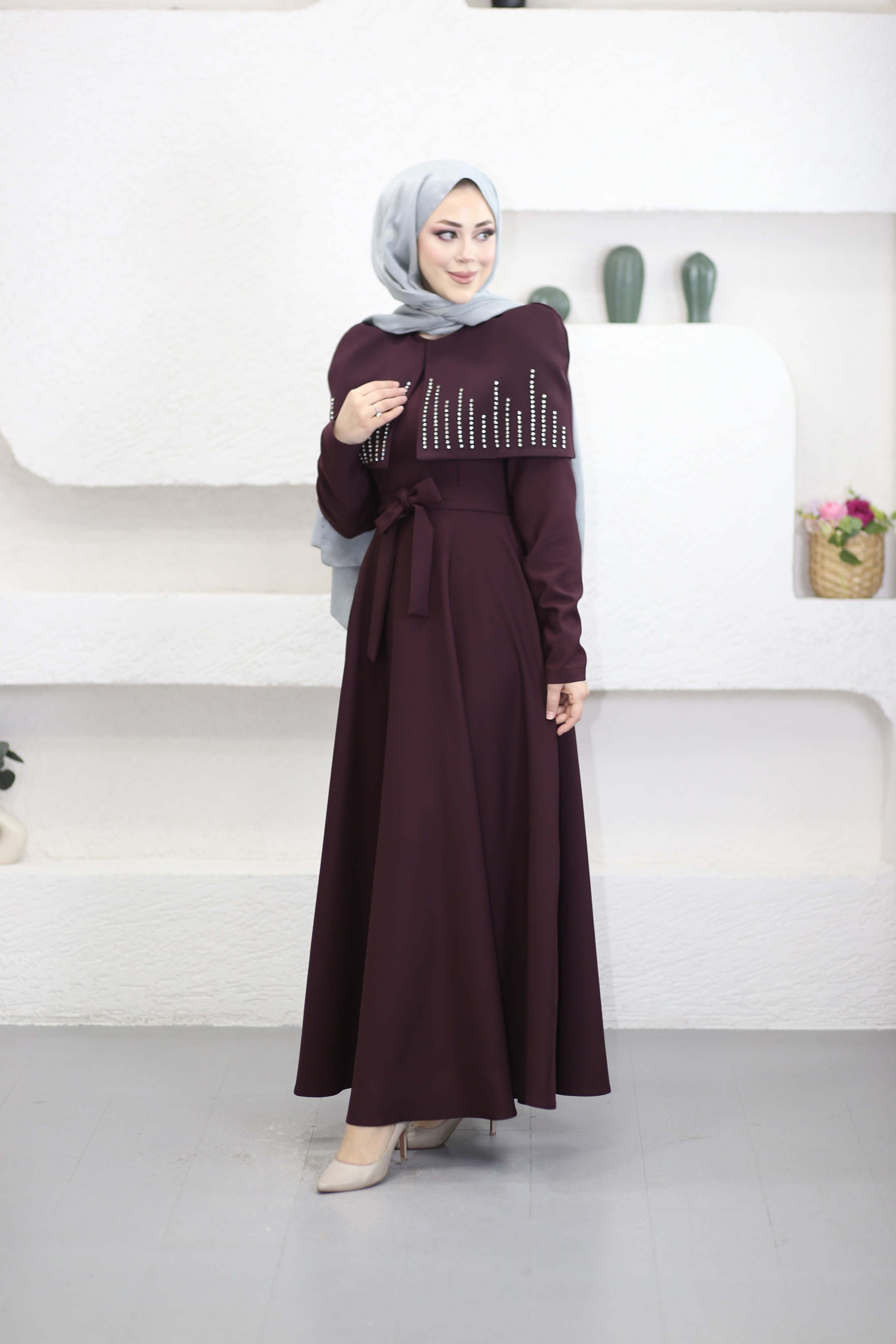 Taş Detaylı Bolerolu Elbise Bordo 26091