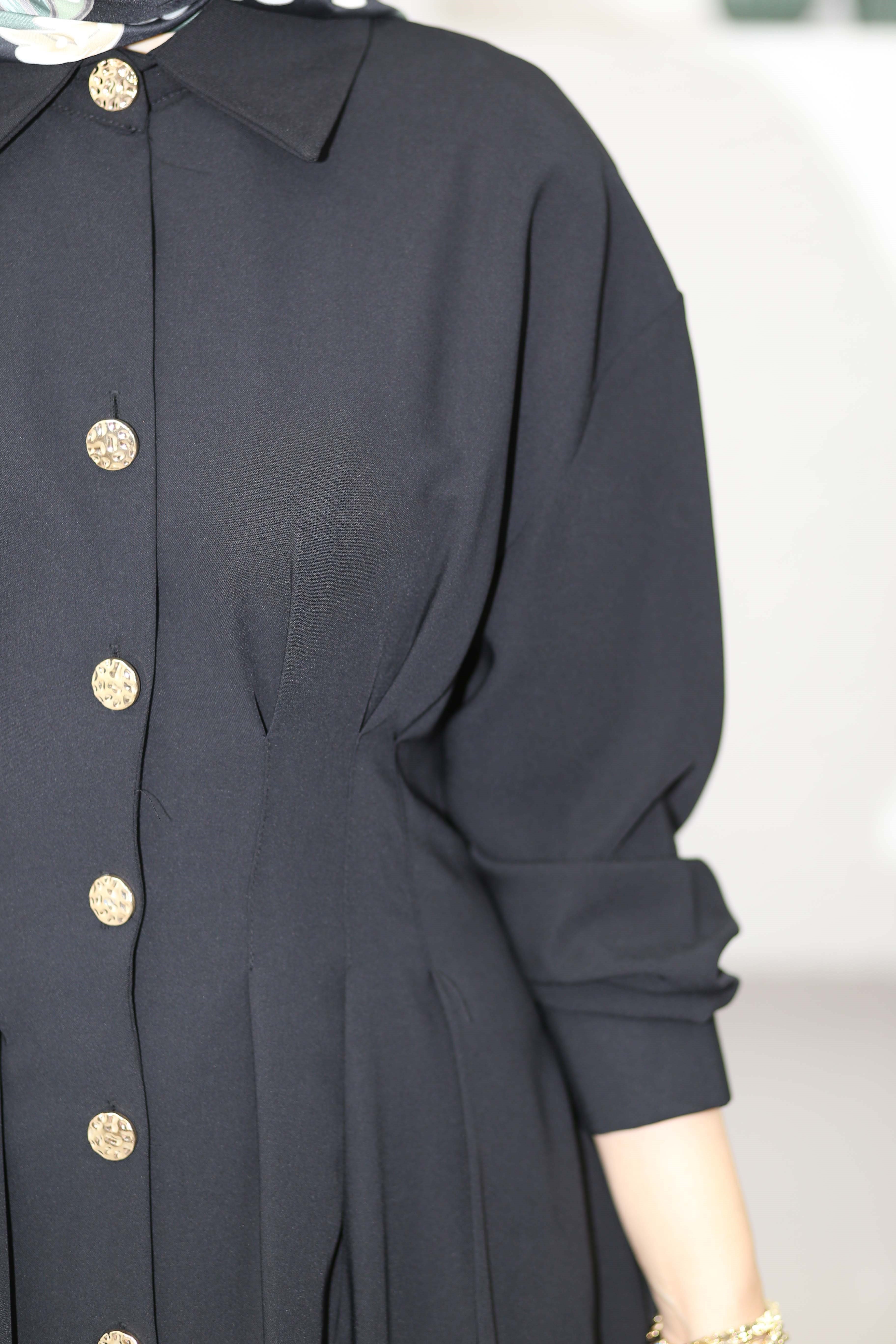 Bel Detaylı Ön Düğmeli Tencel Elbise Siyah 5509