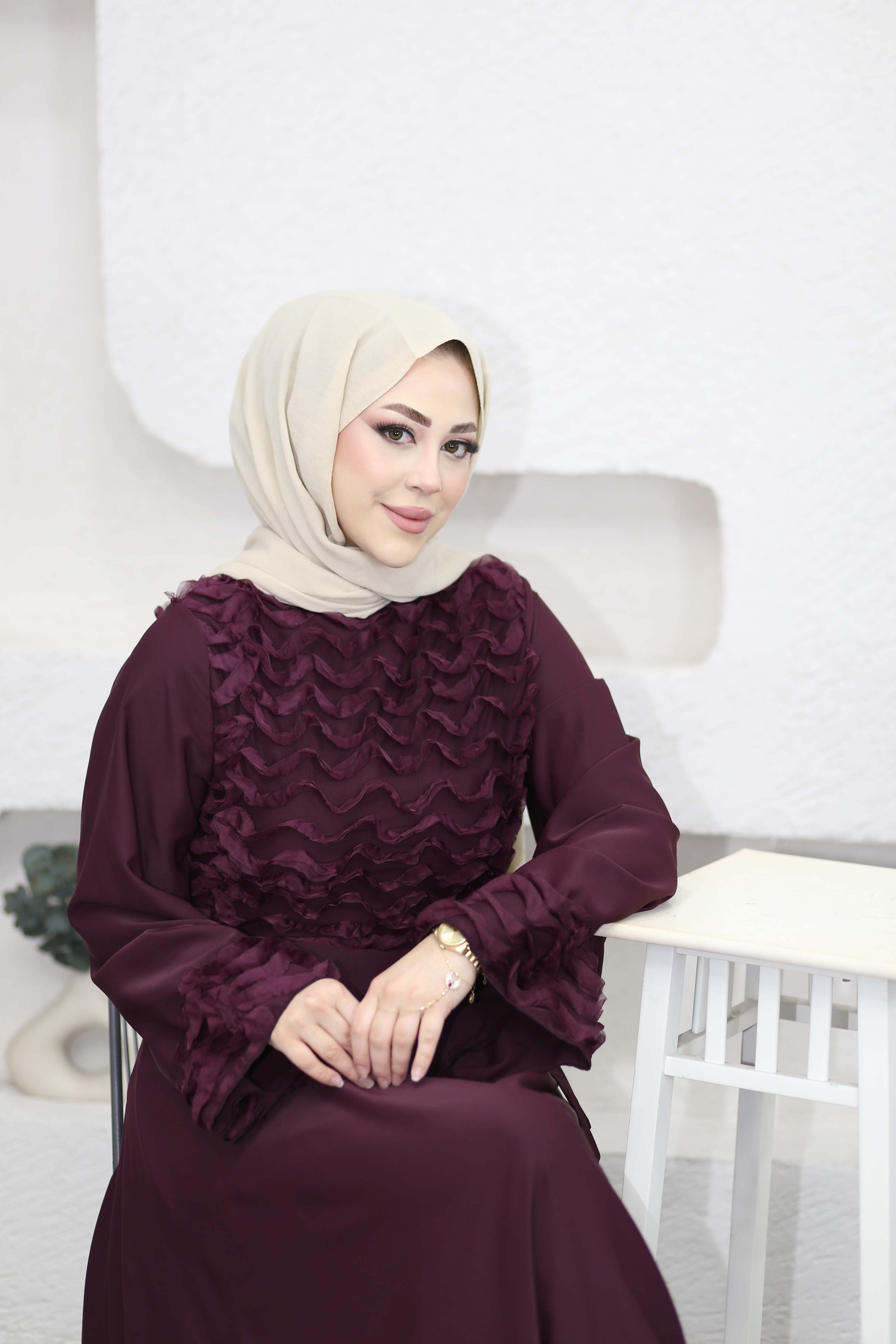 Güpür Dantel Detaylı Elbise Mürdüm 26088