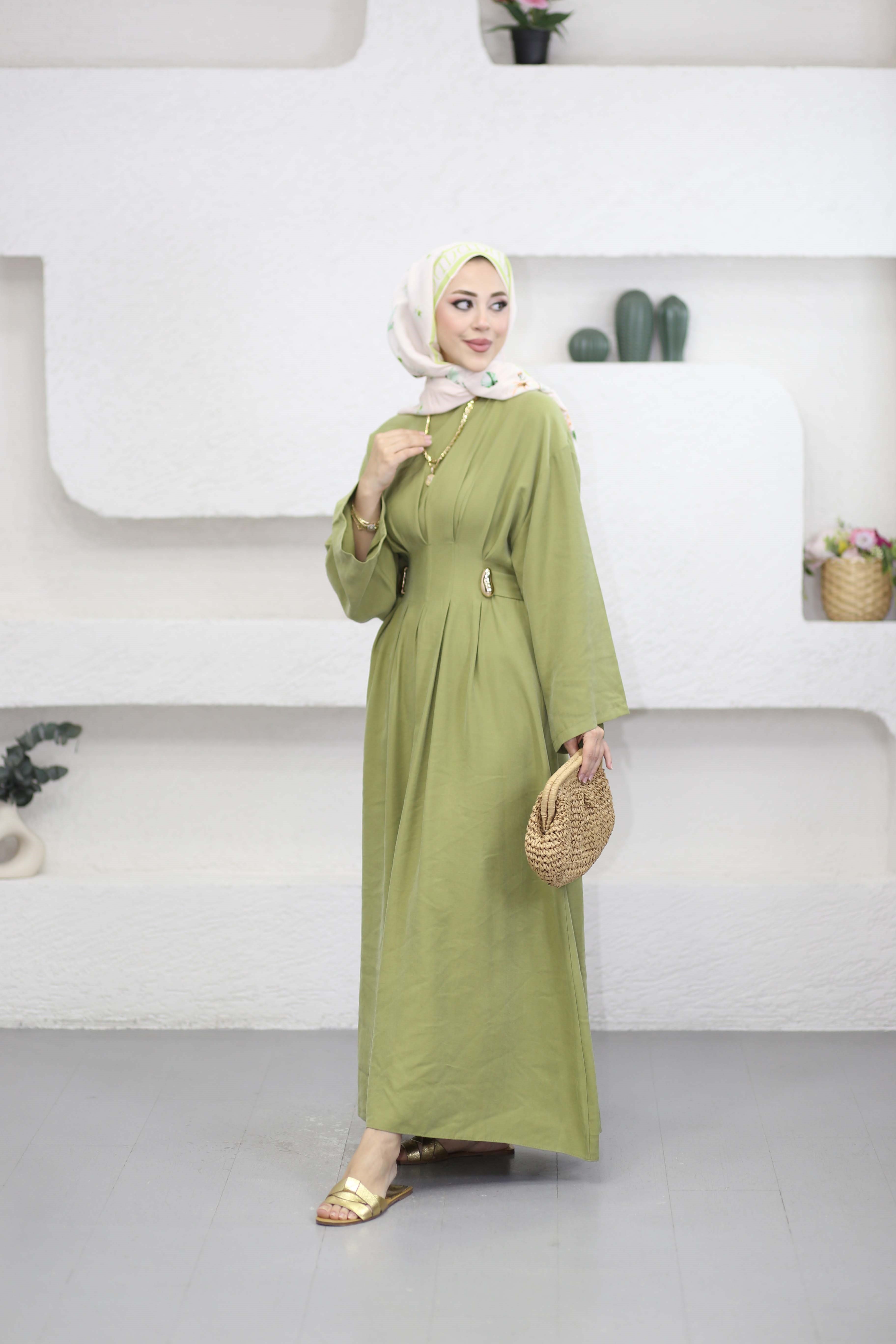 Beli Toka Pensli Elbise Yeşil 5526