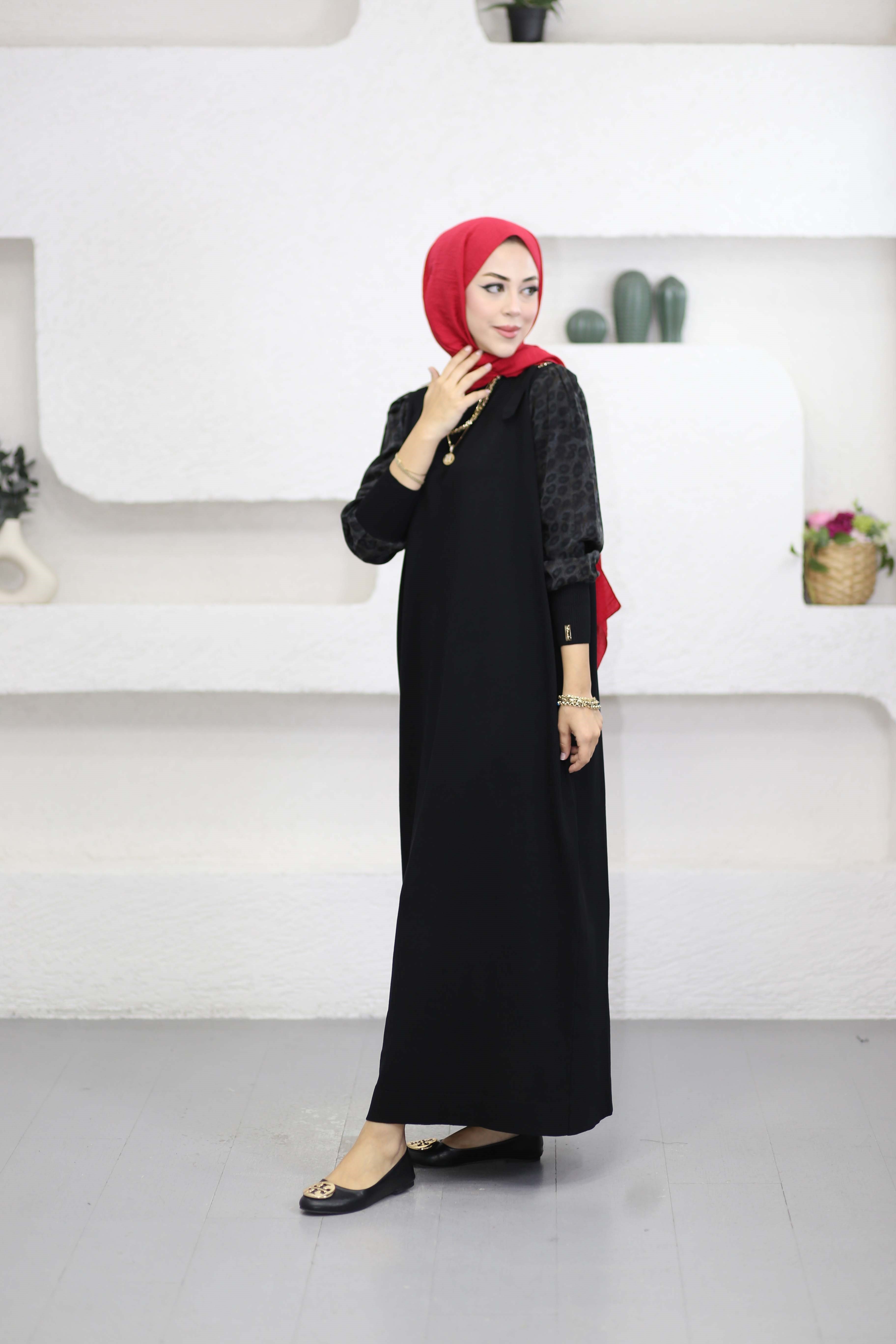 Leopar Kol Merserize Elbise Siyah 340