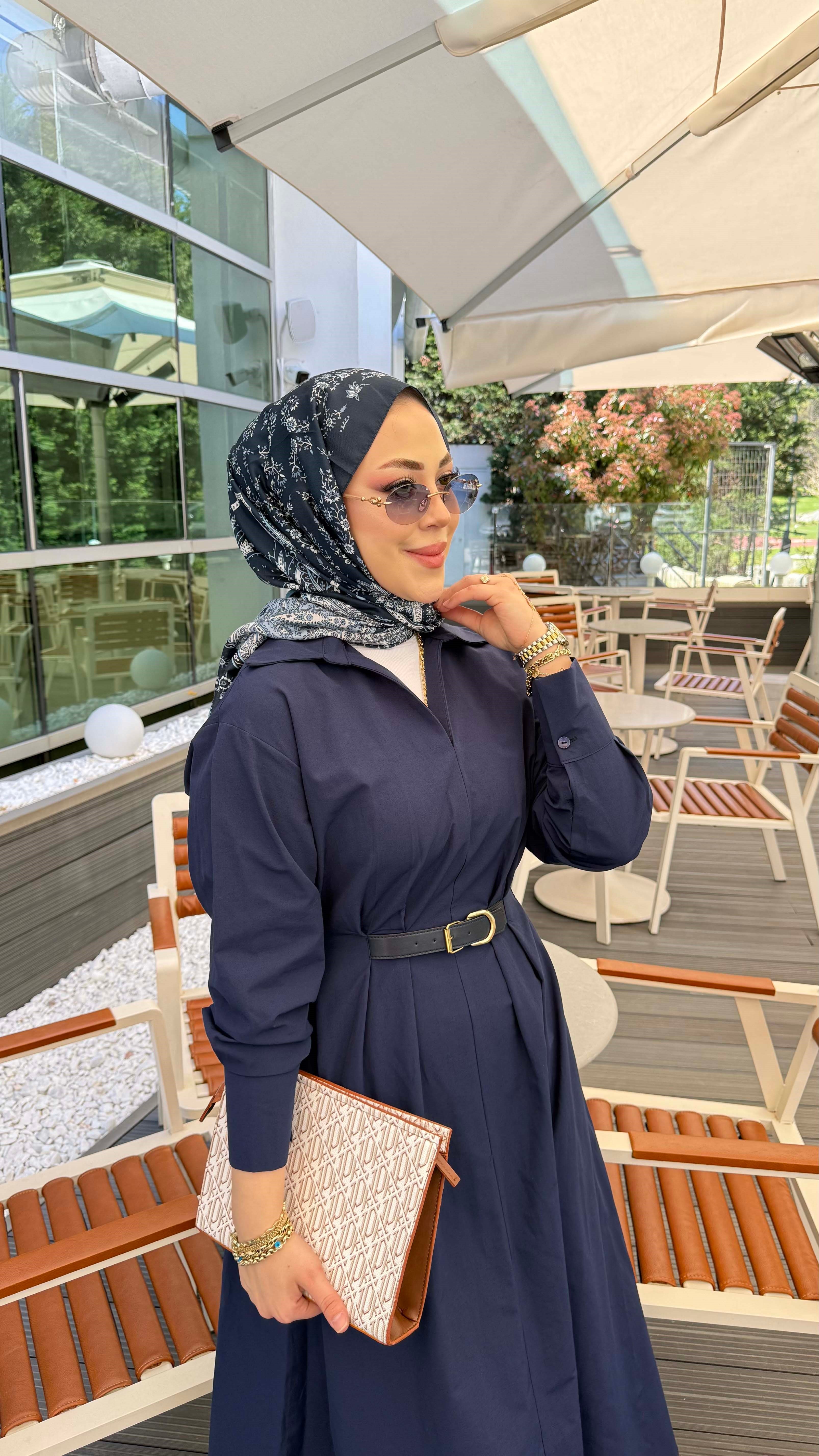 Beli Lastikli Kemer Detaylı Gömlek Elbise Lacivert 5518