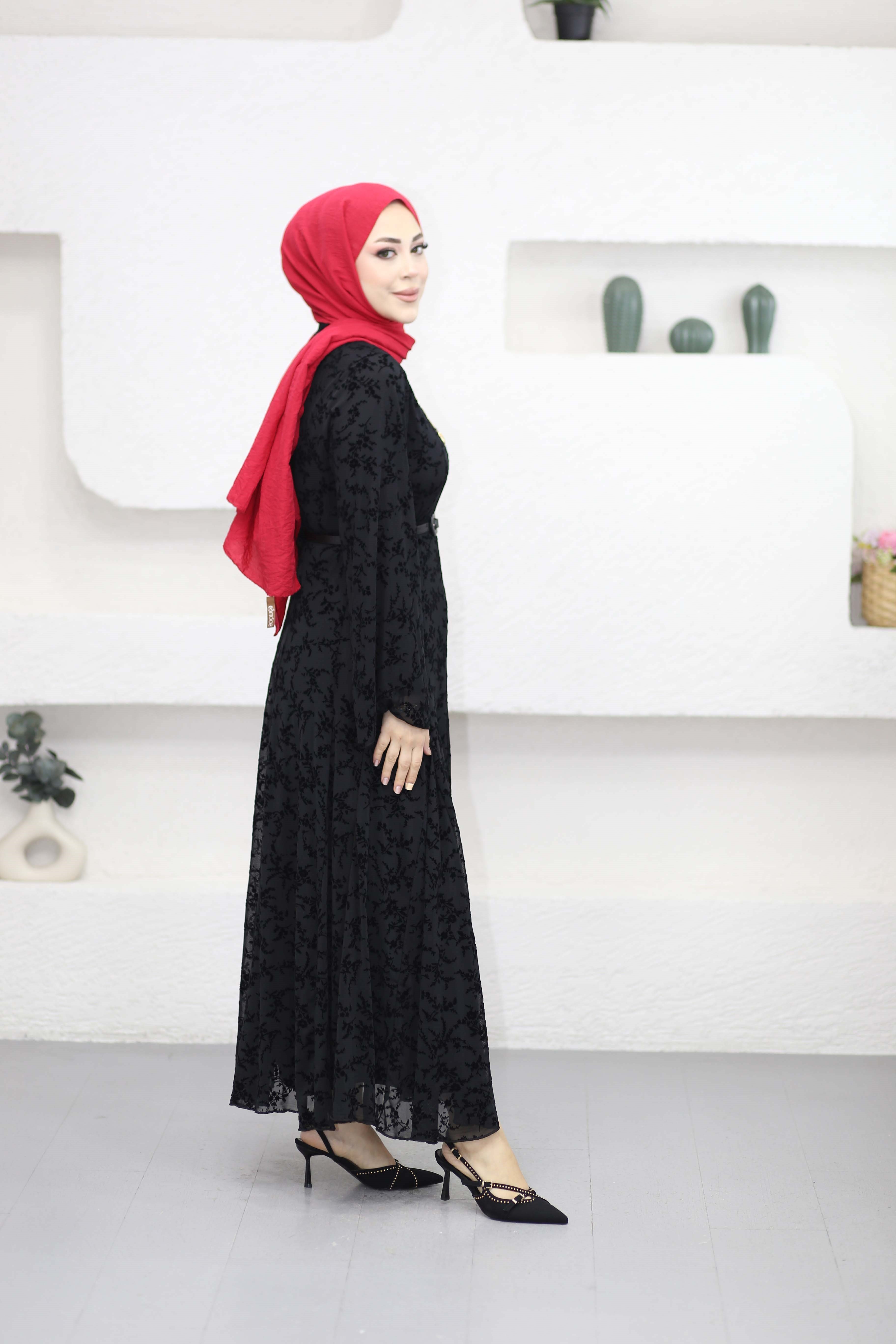 Flok Baskılı Tül Elbise Siyah 8384