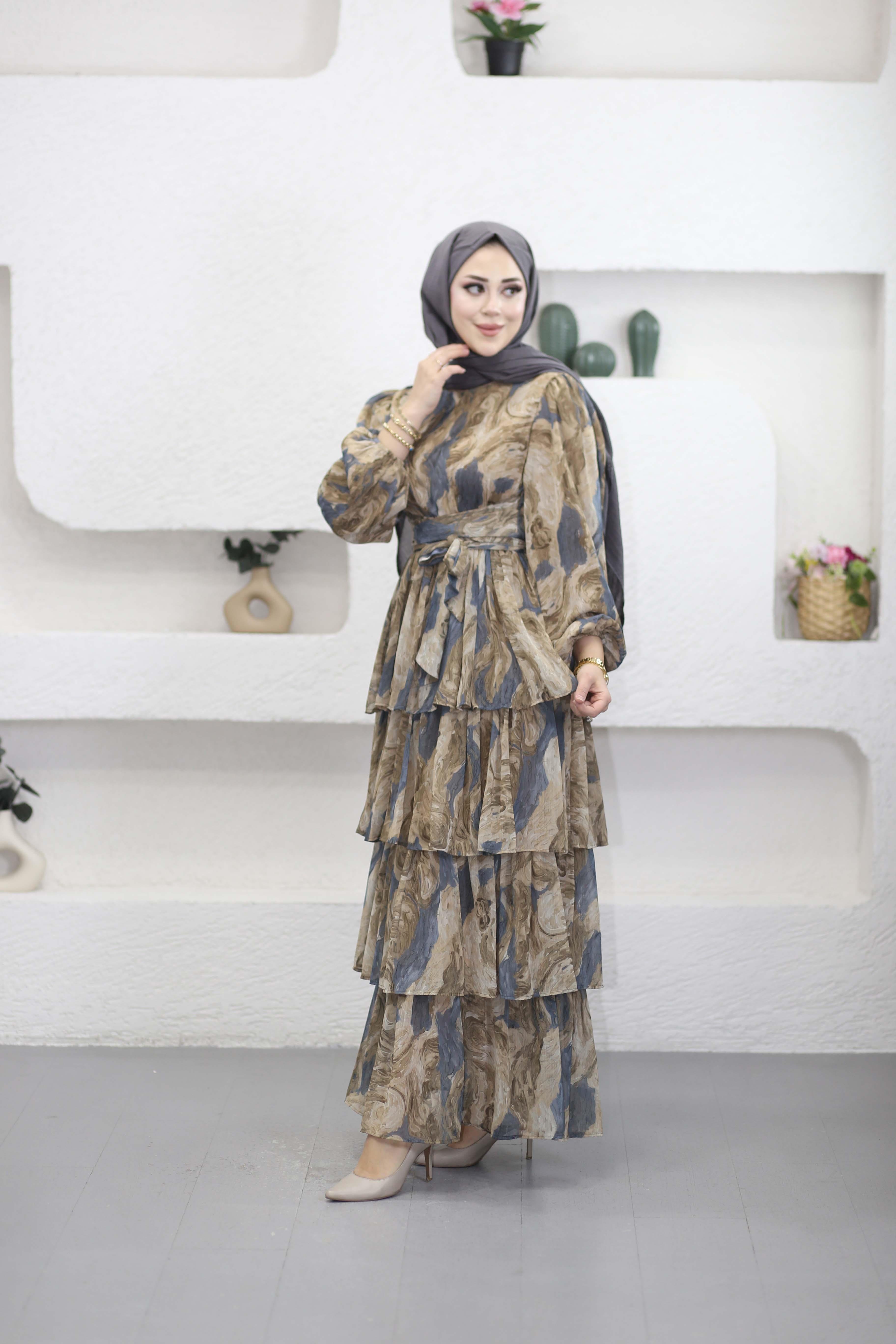 Kuşak Detaylı Kat Elbise Camel 2286