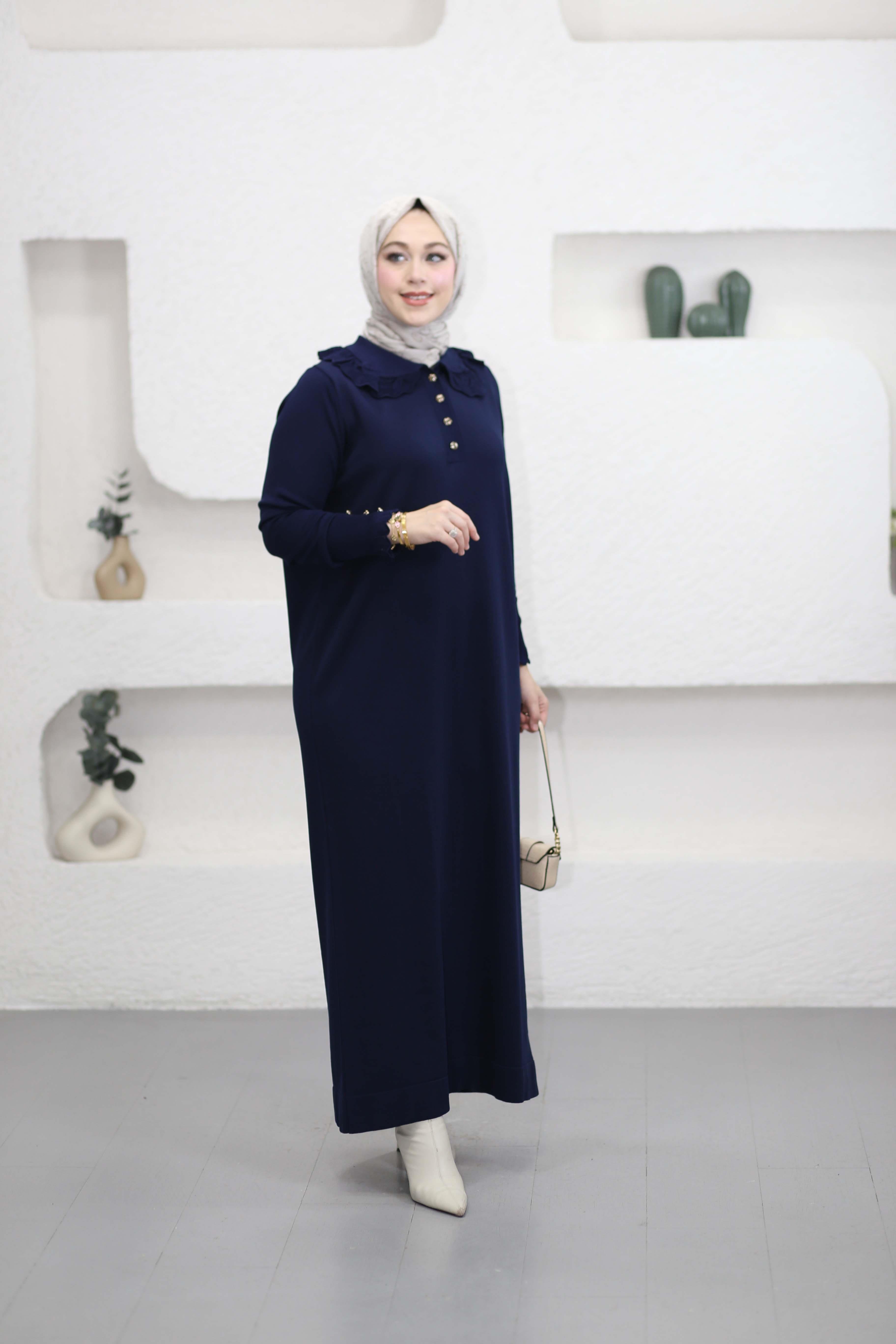 Yakası Dantelli Elbise Lacivert 261