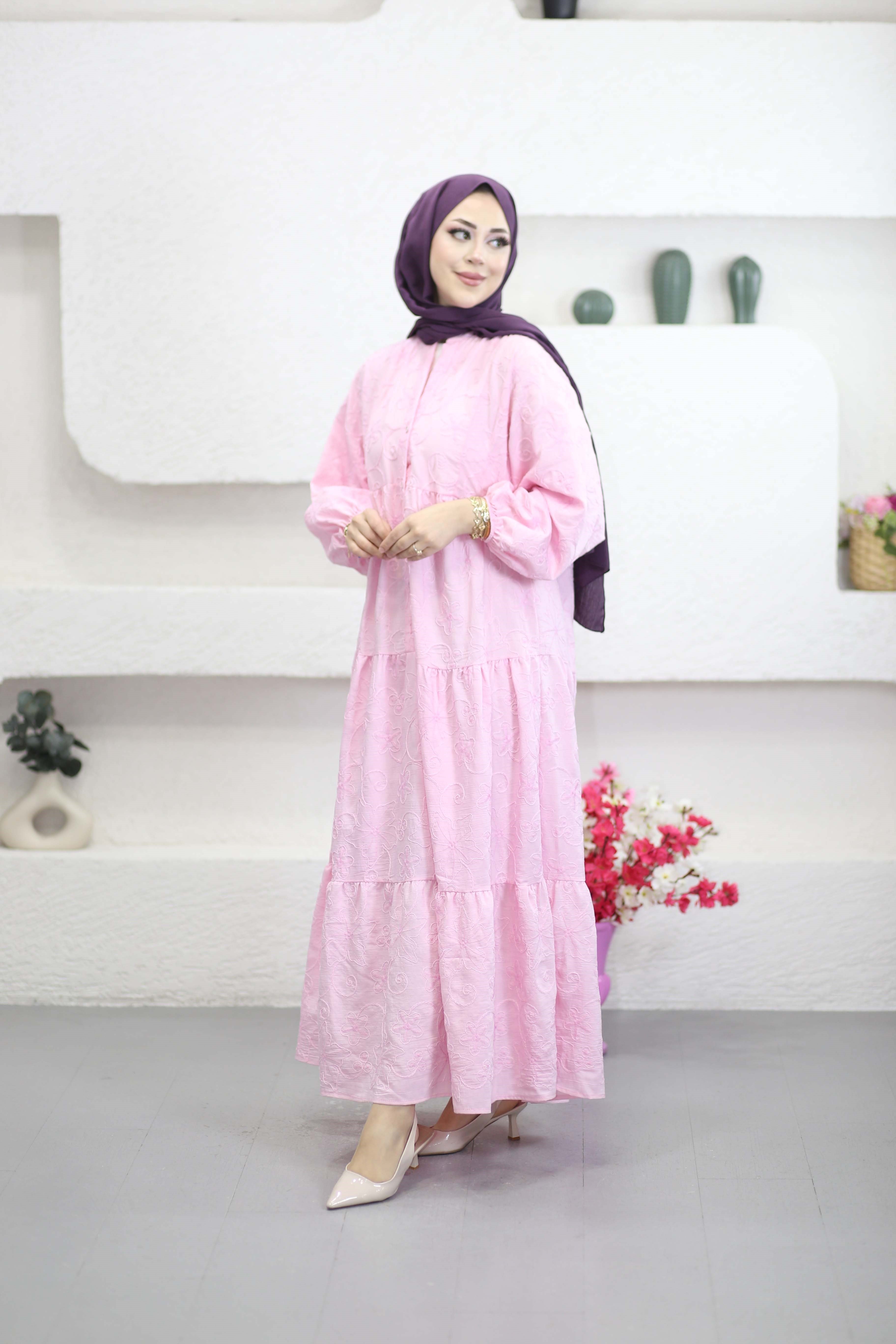 Robalı Çiçek İşlemeli Elbise Pembe 001