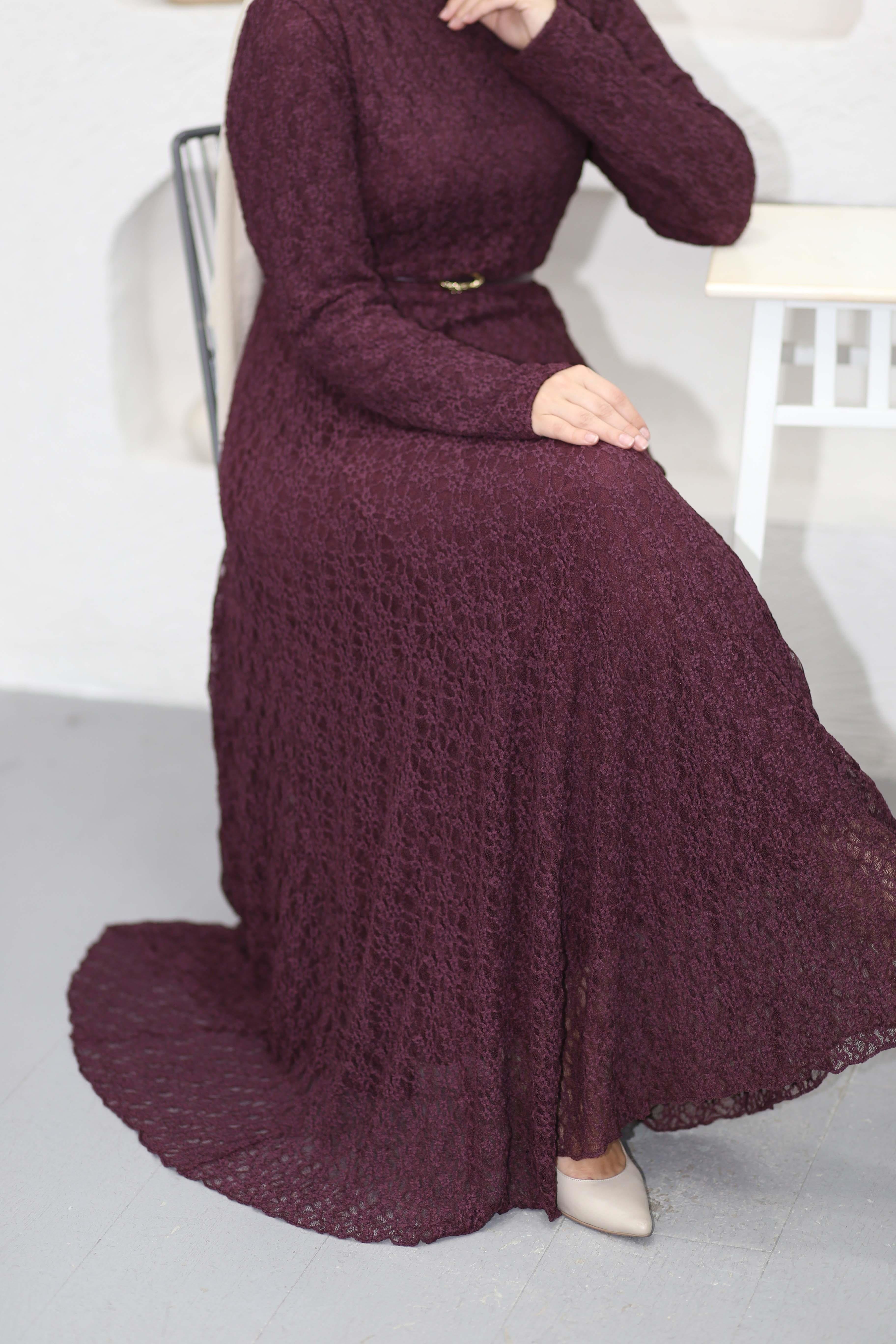 Kemerli Dantel Elbise Mürdüm 51246