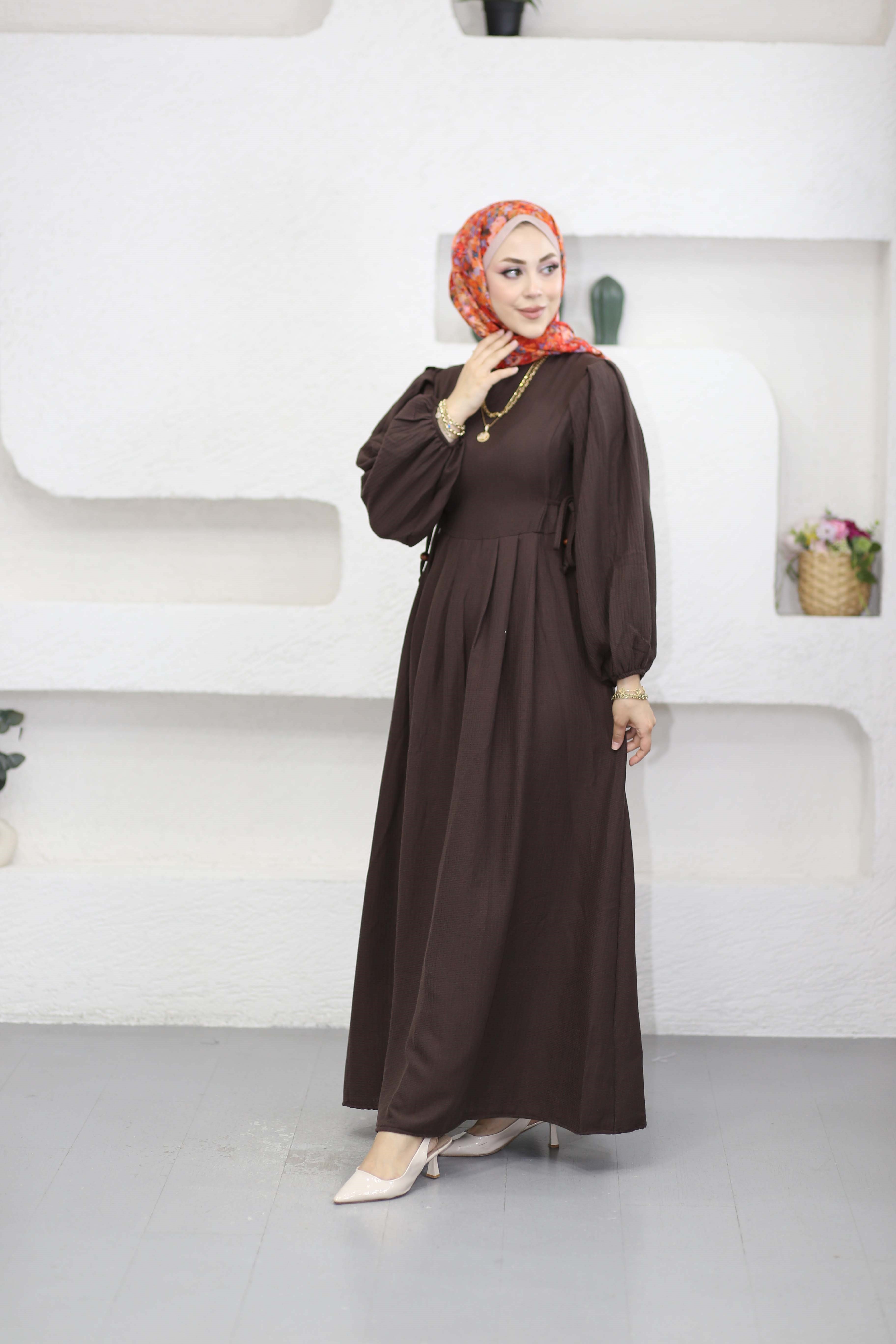 Yandan Bağlama Detaylı Elbise Kahverengi 26228