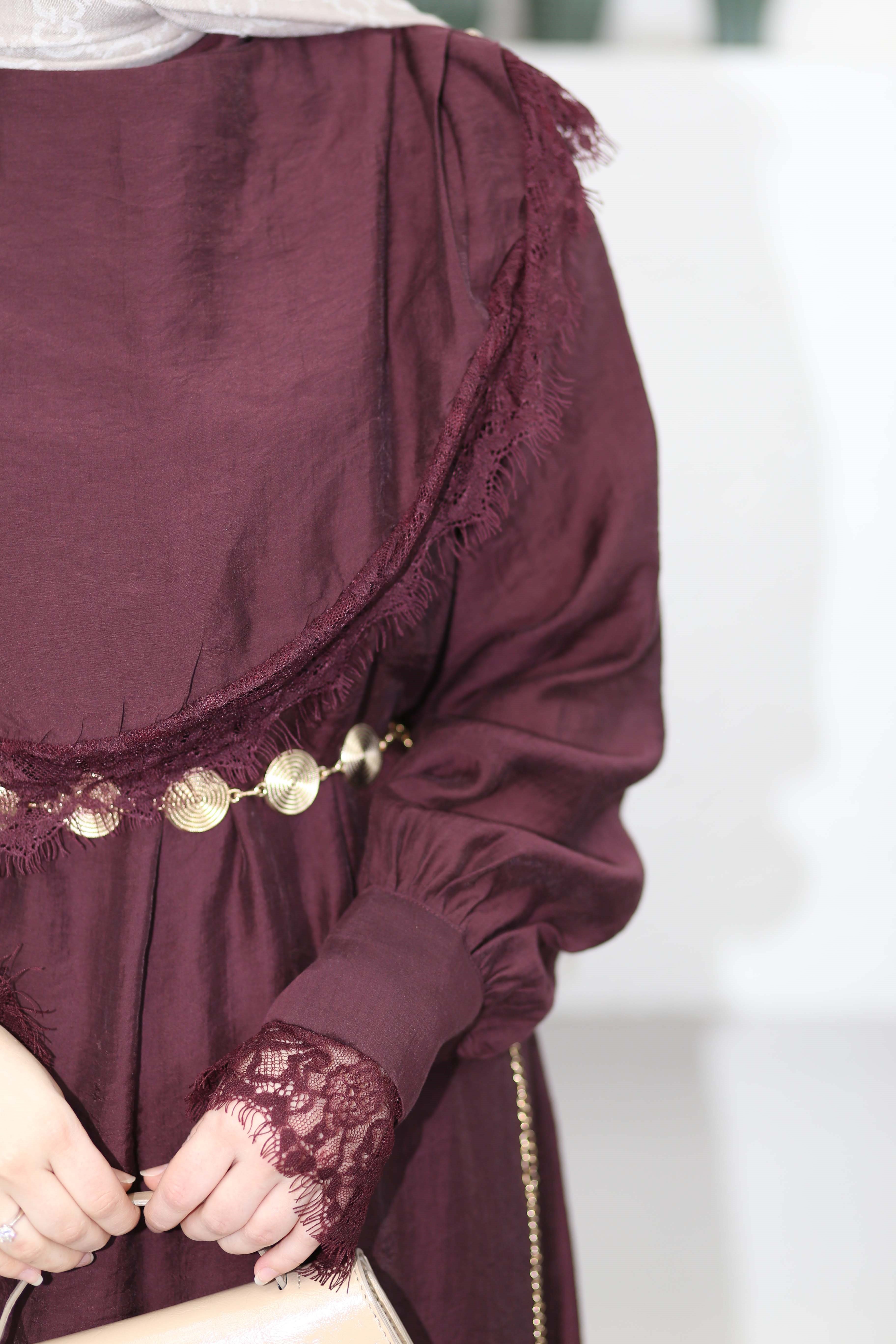 Dantel Detaylı Elbise Bordo 8386