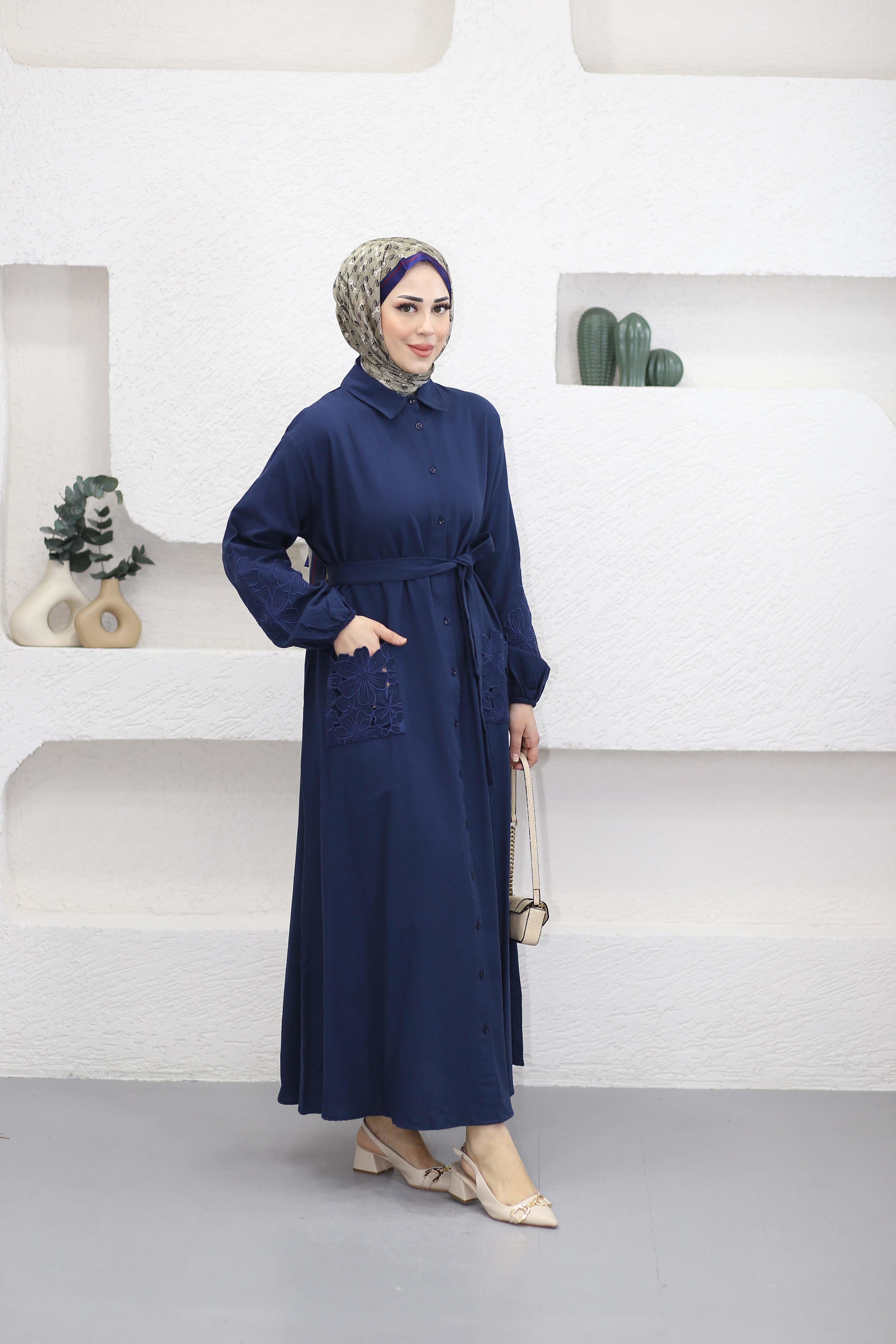 Çiçek Nakışlı Elbise Lacivert 2897