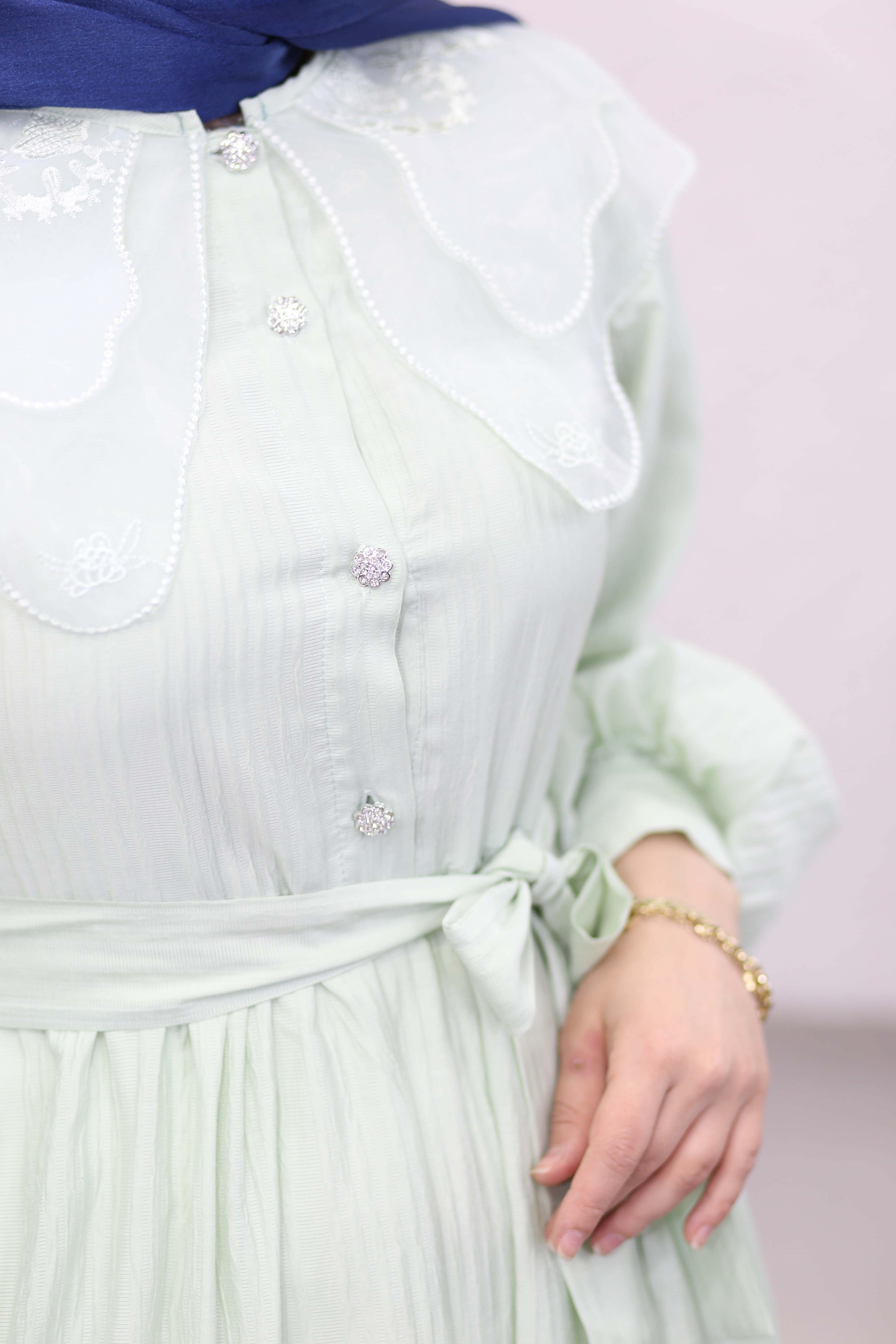 Tül Yaka Elbise Mint 265