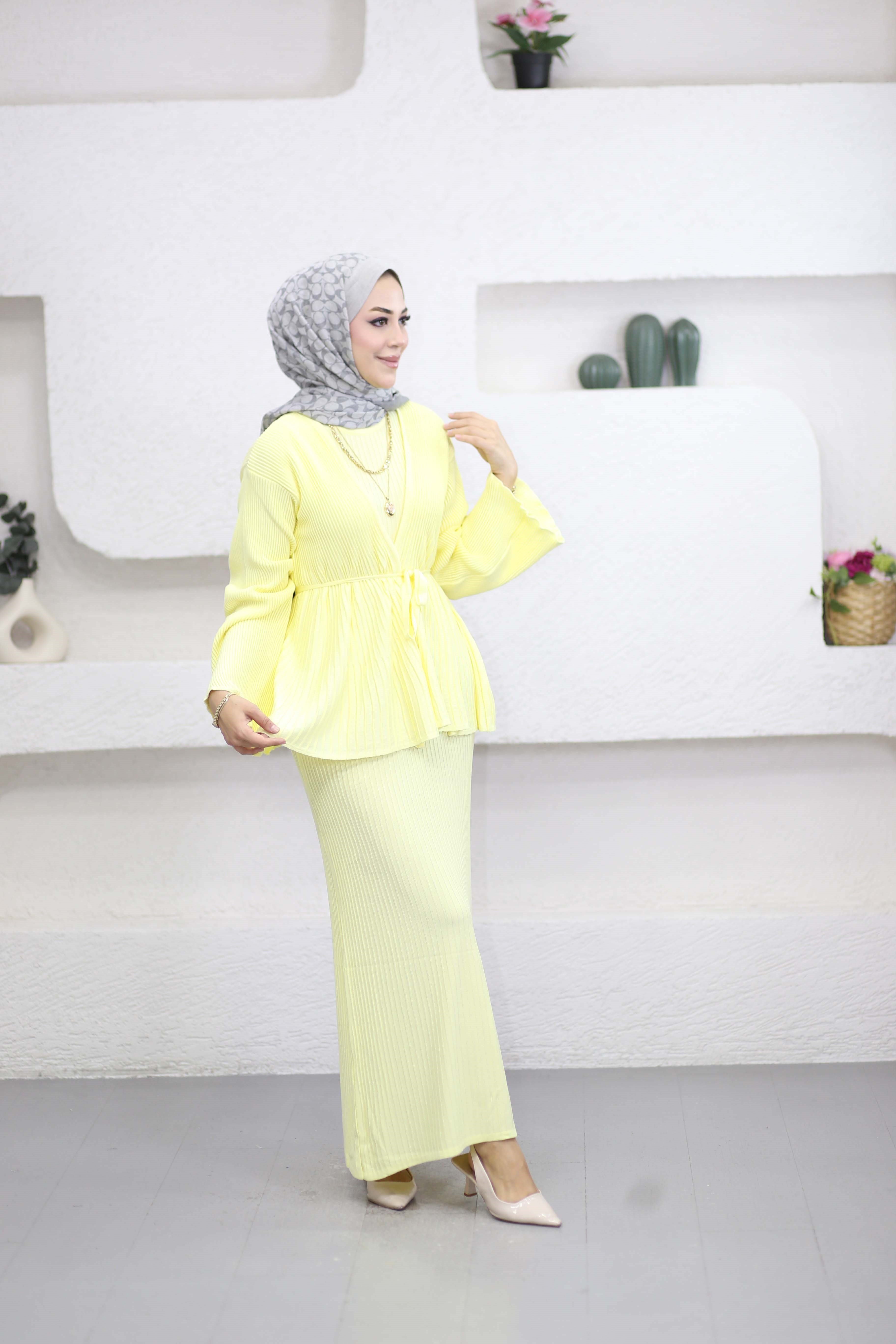 Hırkalı Fitilli Elbise Sarı 3012