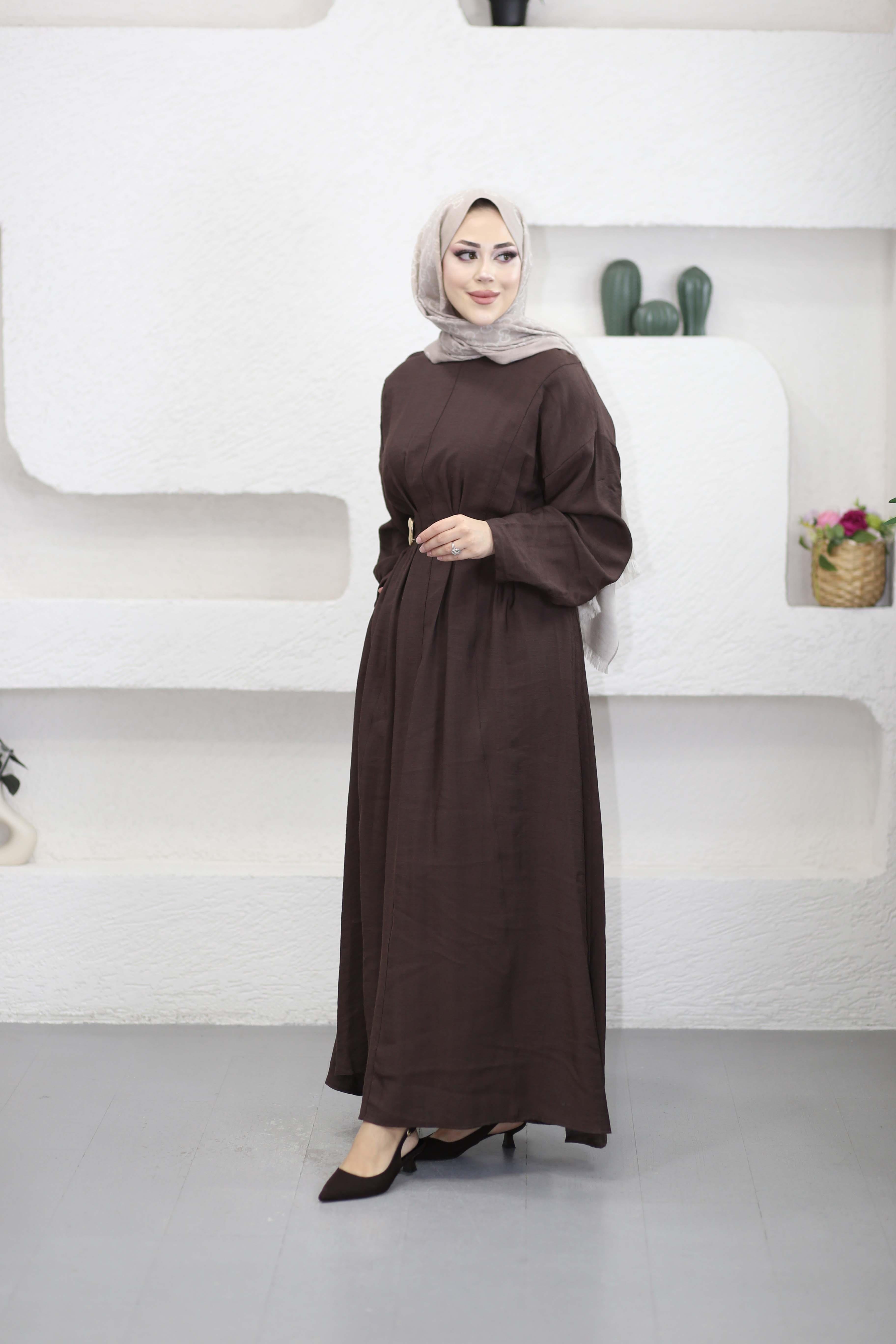 Cherry Keten Elbise Kahverengi 1079