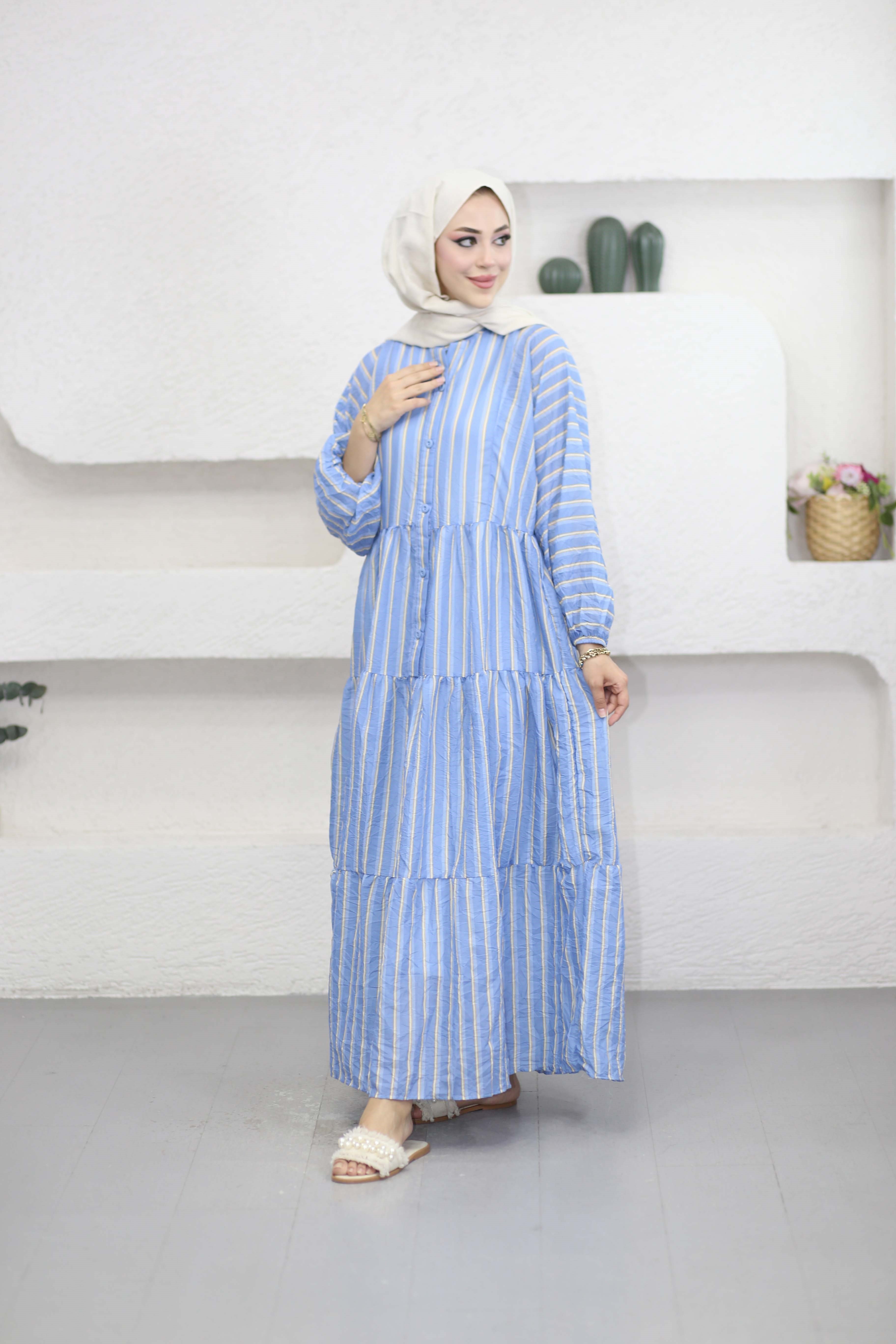 Çizgili Robalı Elbise Mavi 3061