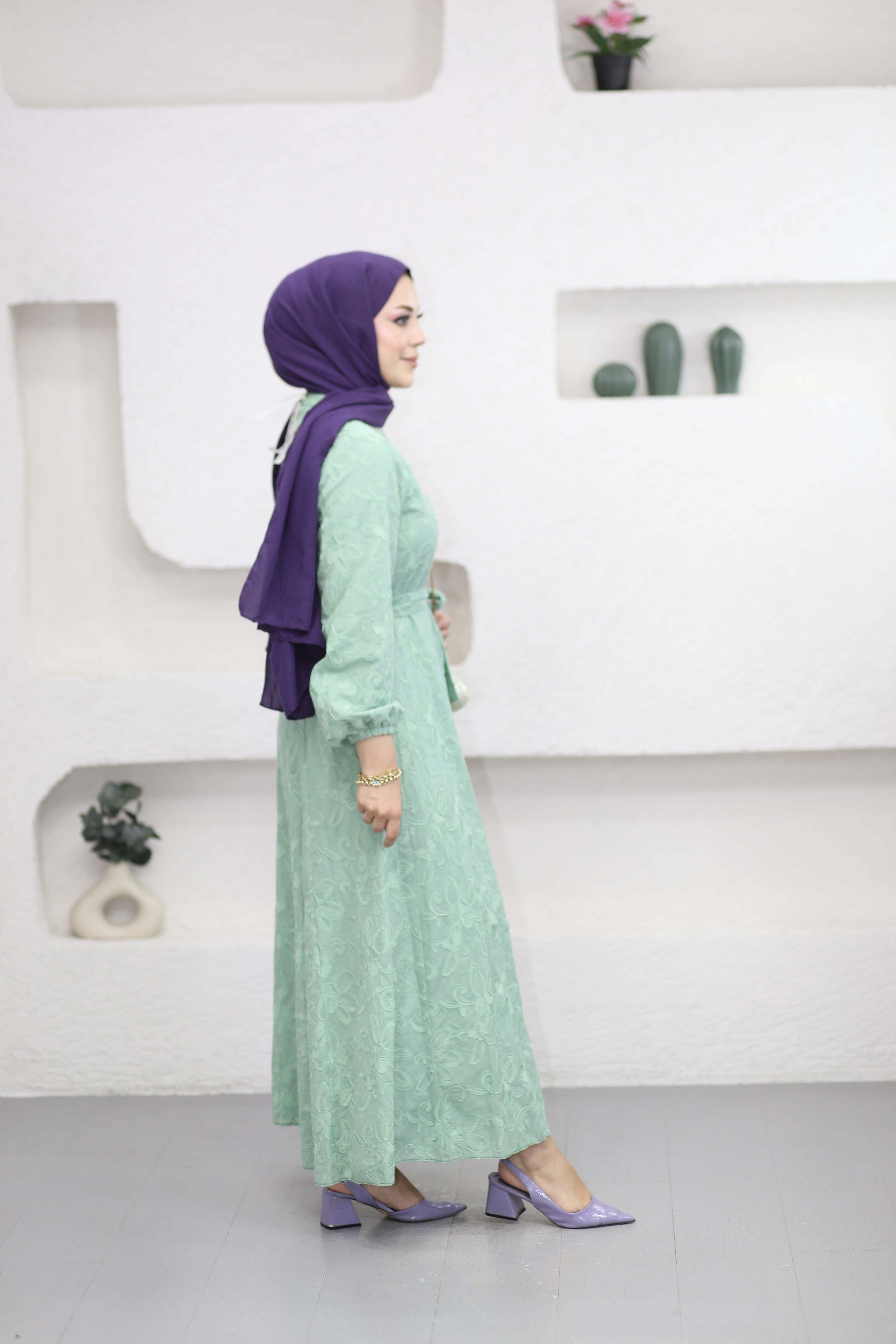 Desenli Asya Elbise Yeşil 5345
