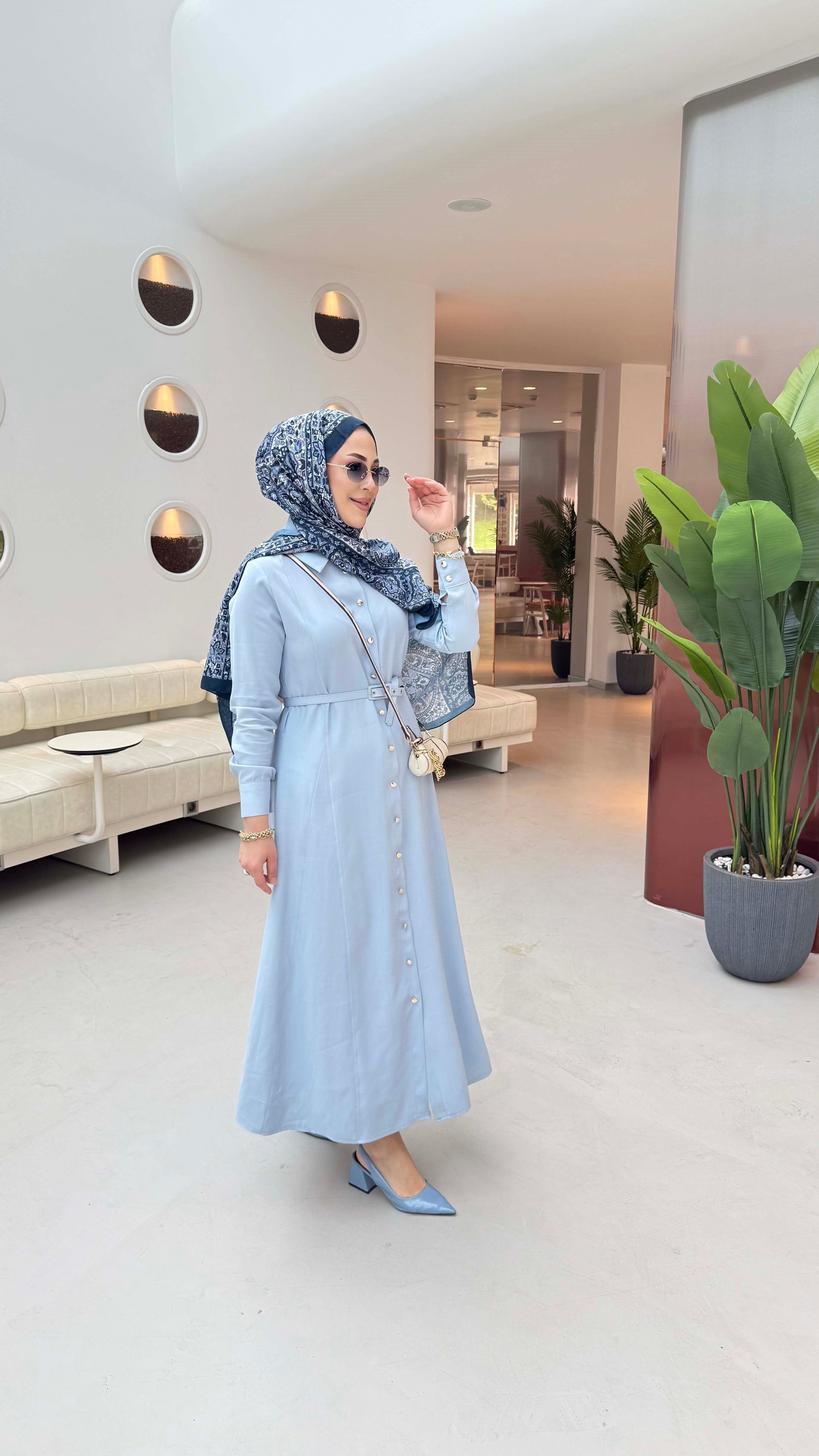 Düğmeli Tencel Gömlek Elbise Bebe Mavi 5499