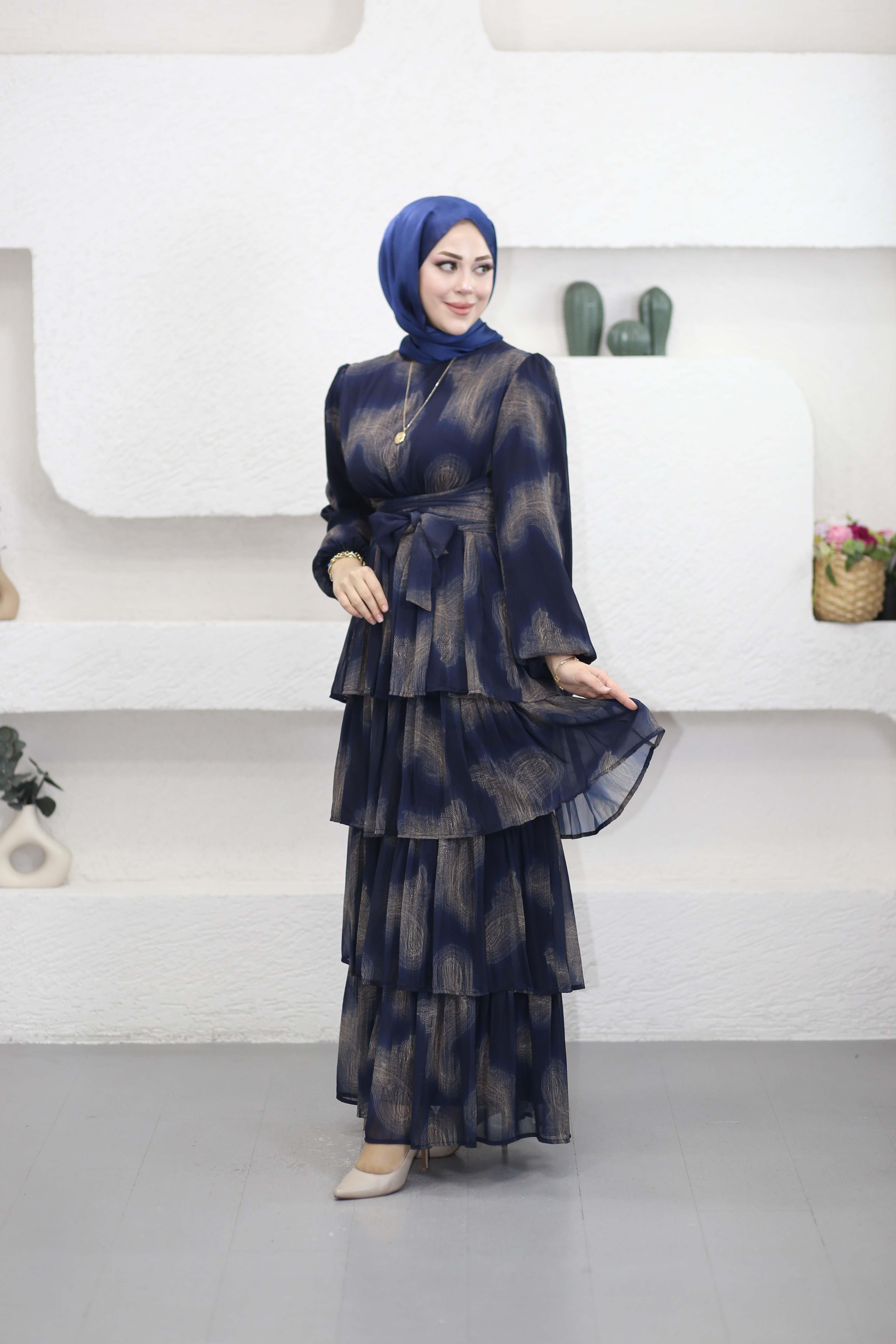 Kuşak Detaylı Kat Elbise Lacivert 2286