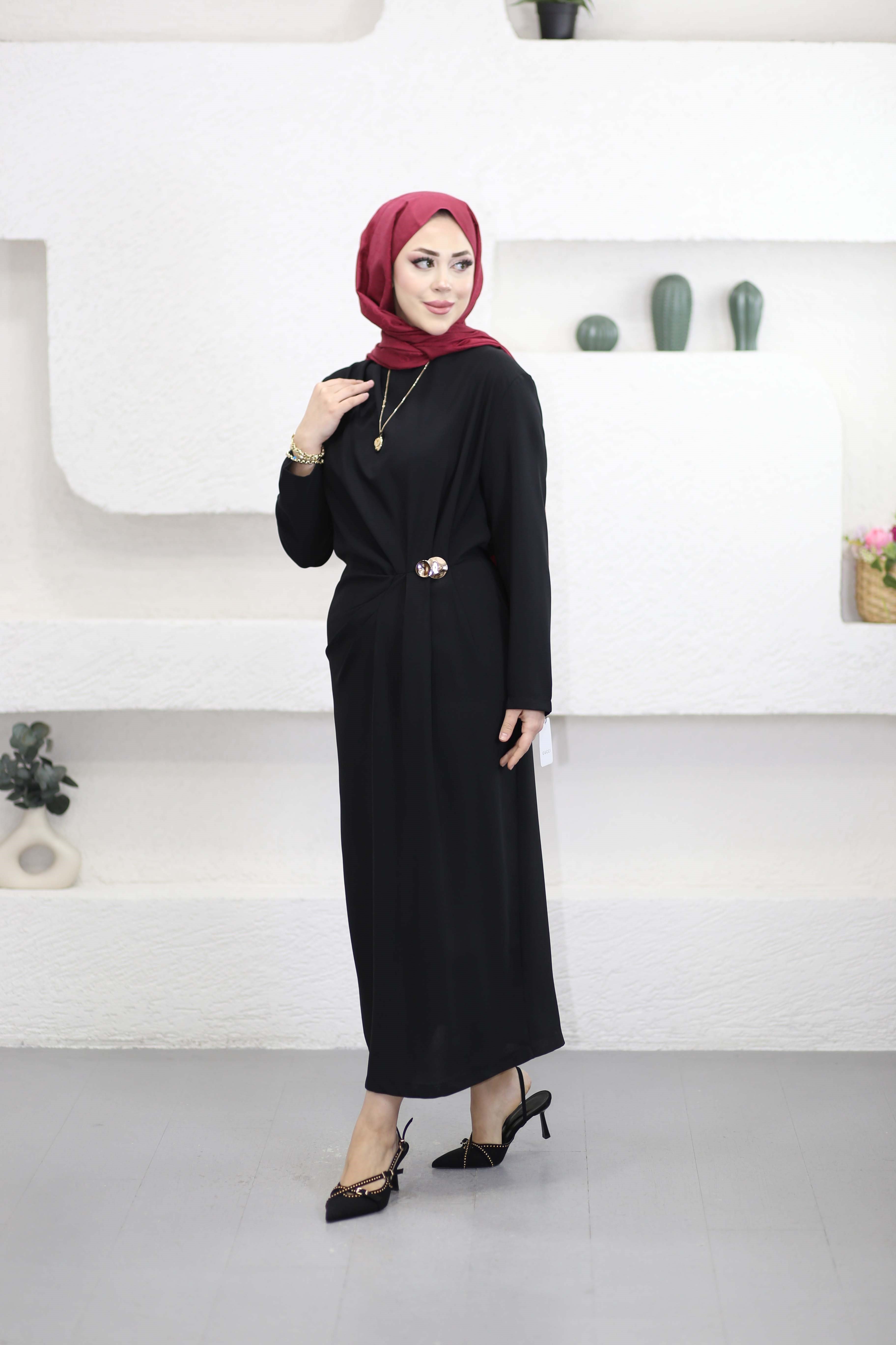 Omuz Ve Bel Pileli Elbise Siyah 5478