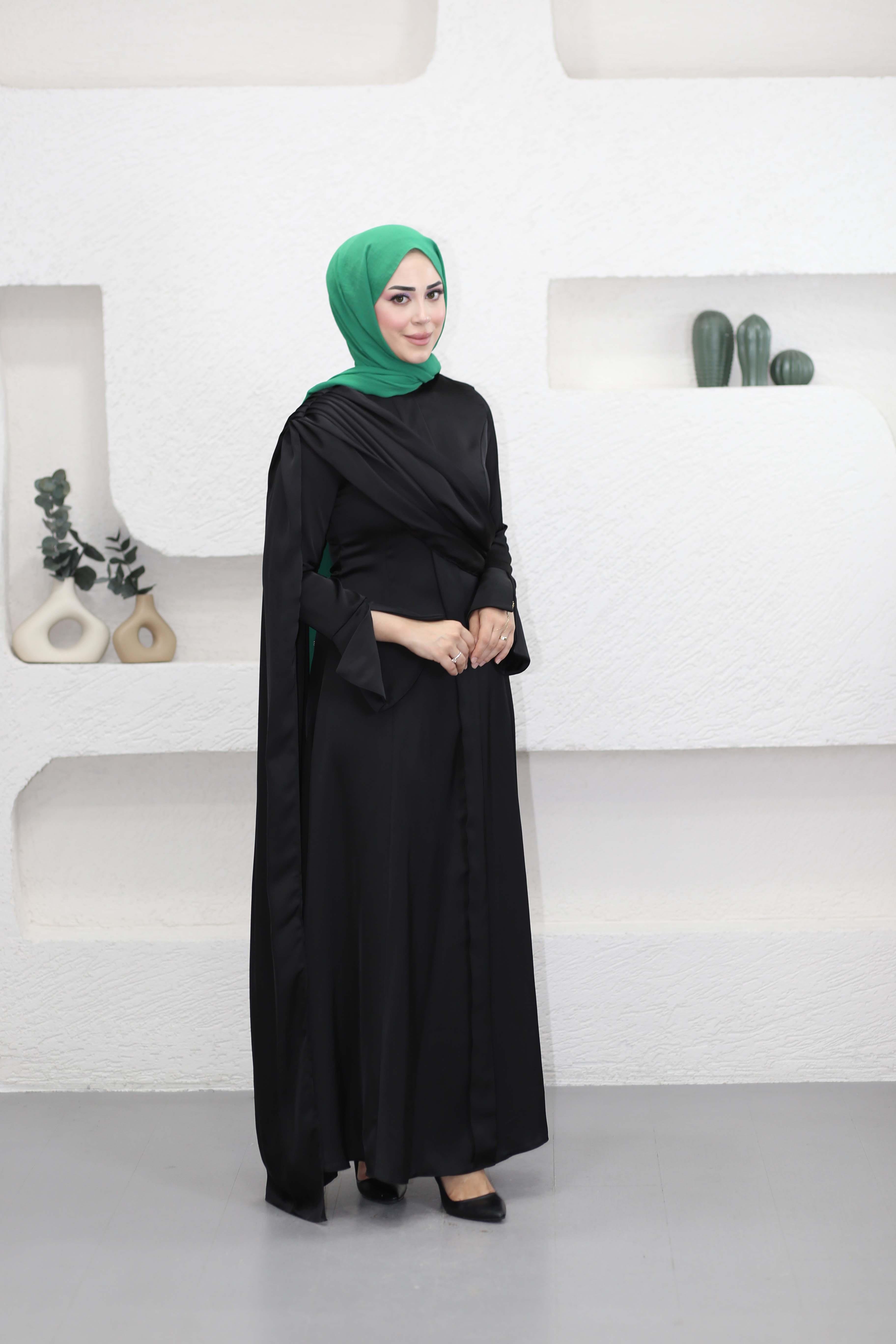 Saten Drape Elbise Siyah 9965