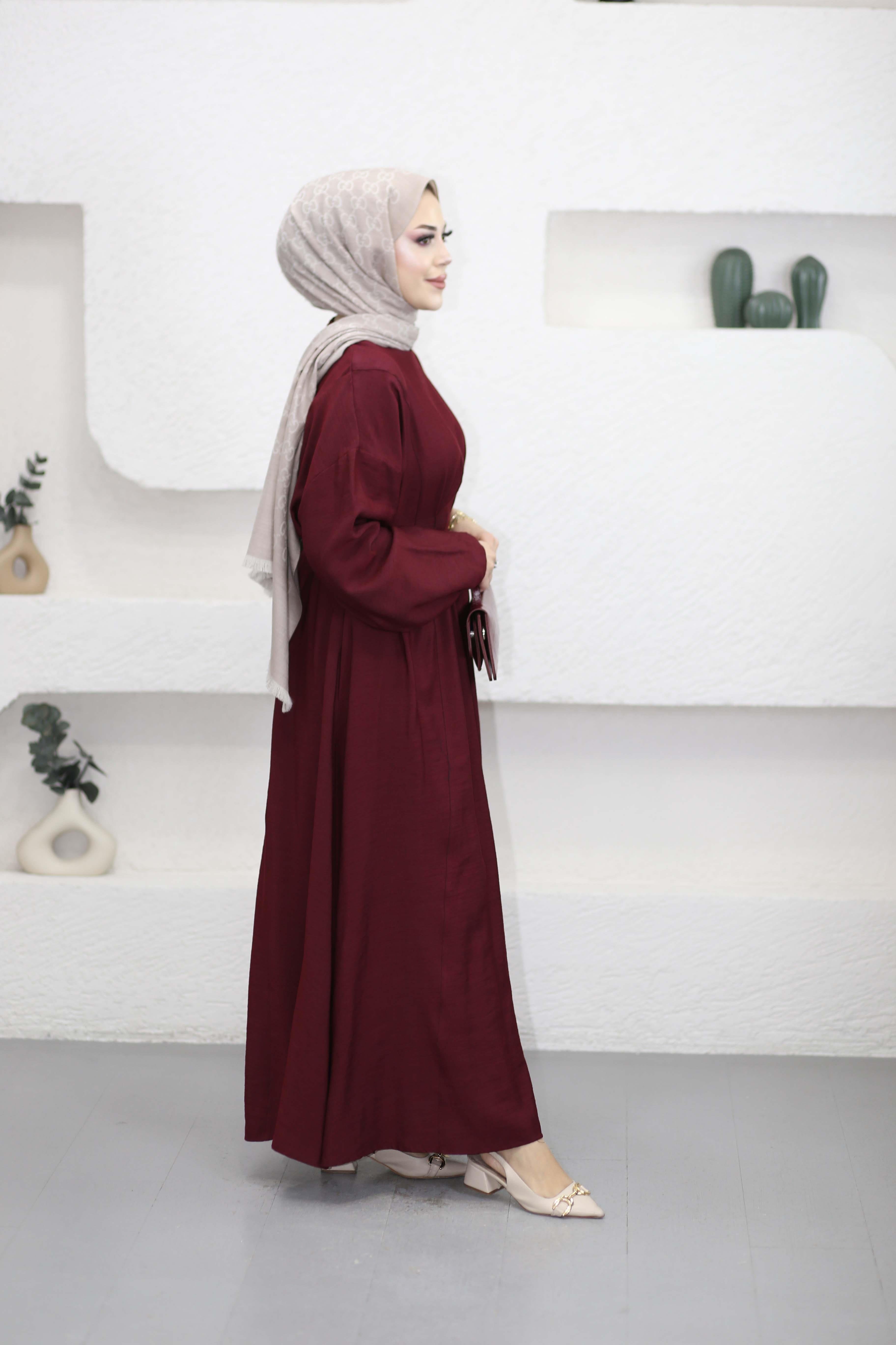 Cherry Keten Elbise Bordo 1079