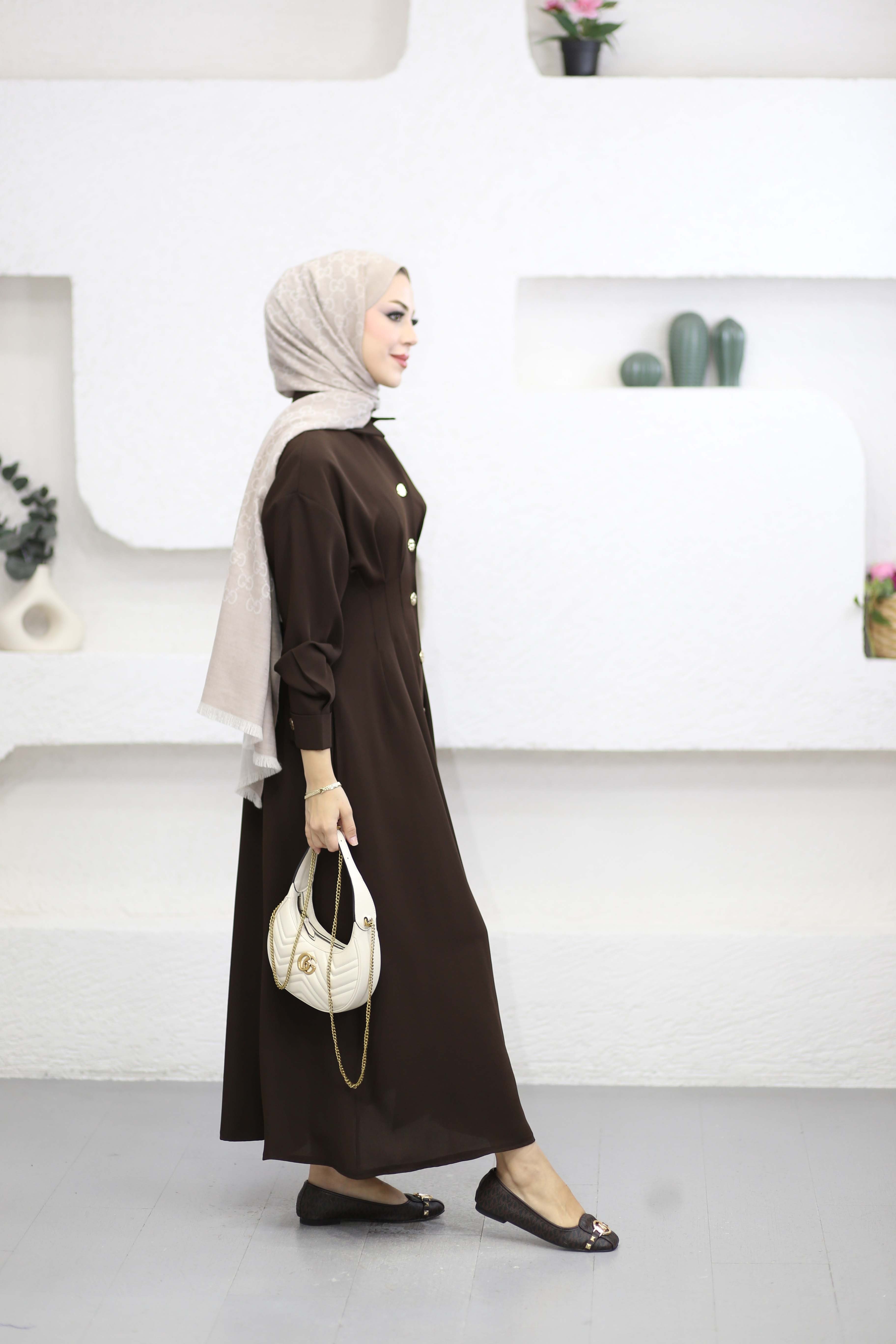 Bel Detaylı Ön Düğmeli Tencel Elbise Kahverengi 5509