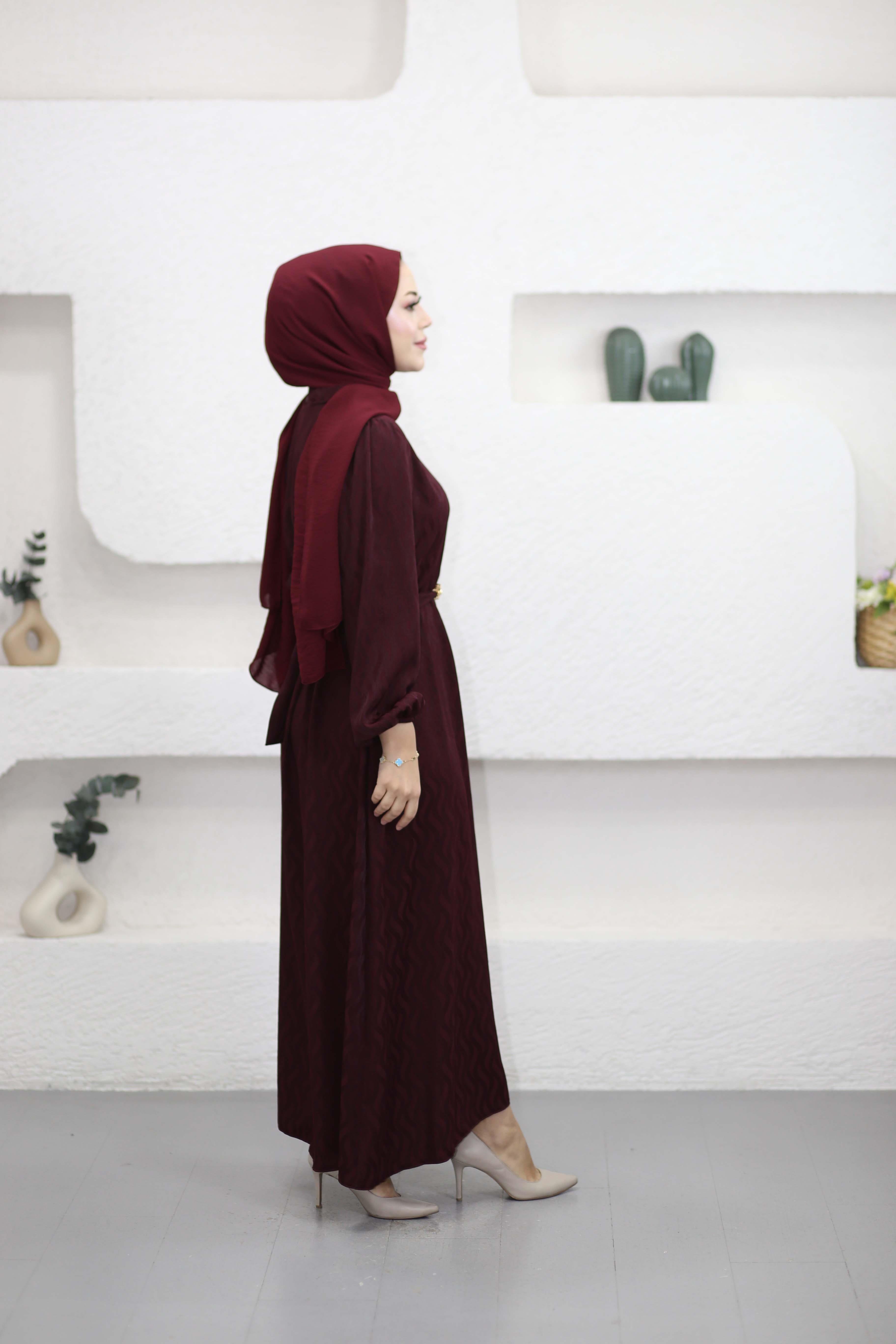 Gold Geçirme Kuşaklı Elbise Bordo 6073