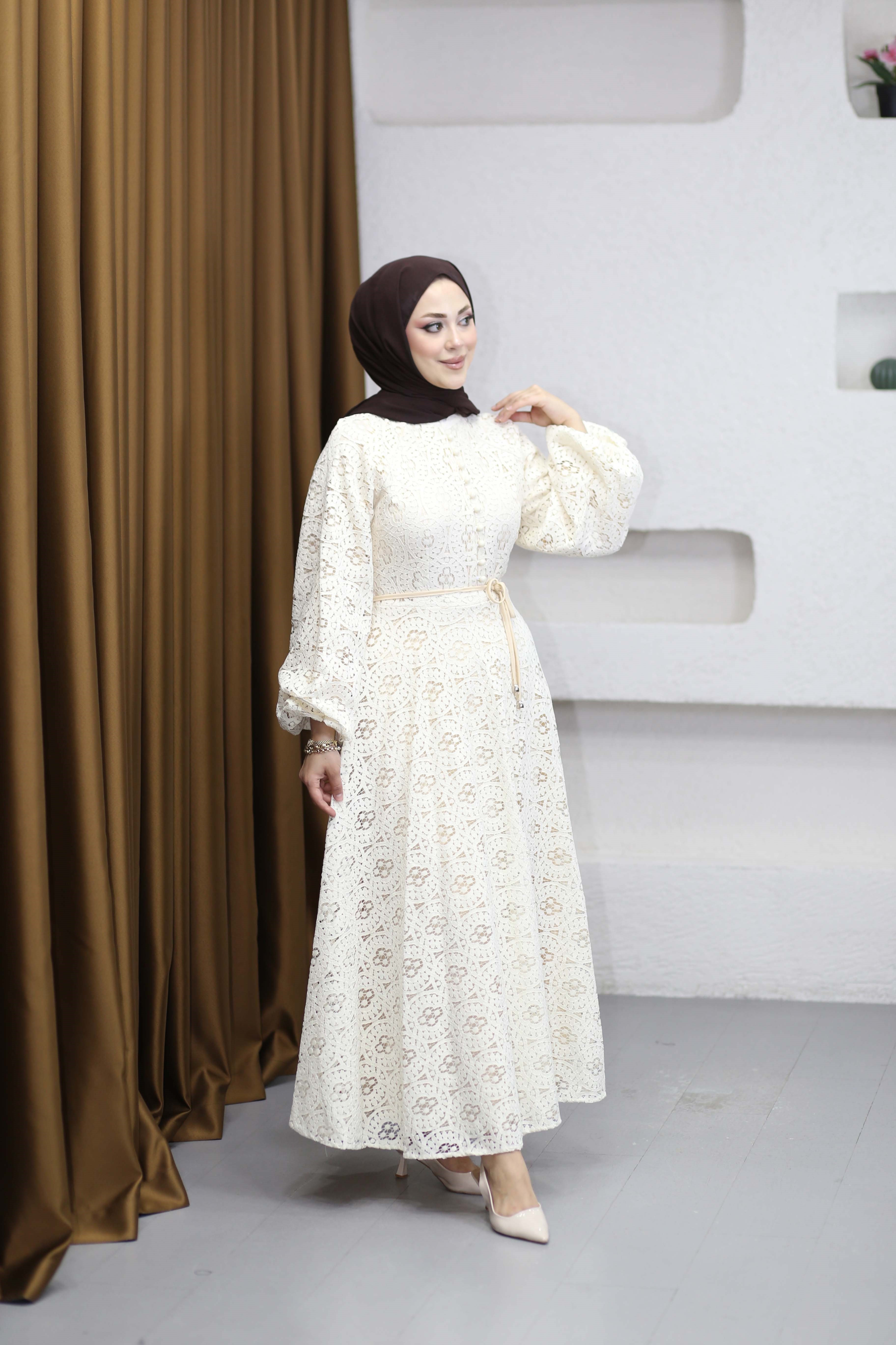 Düğmeli Dantel Elbise Krem 35001