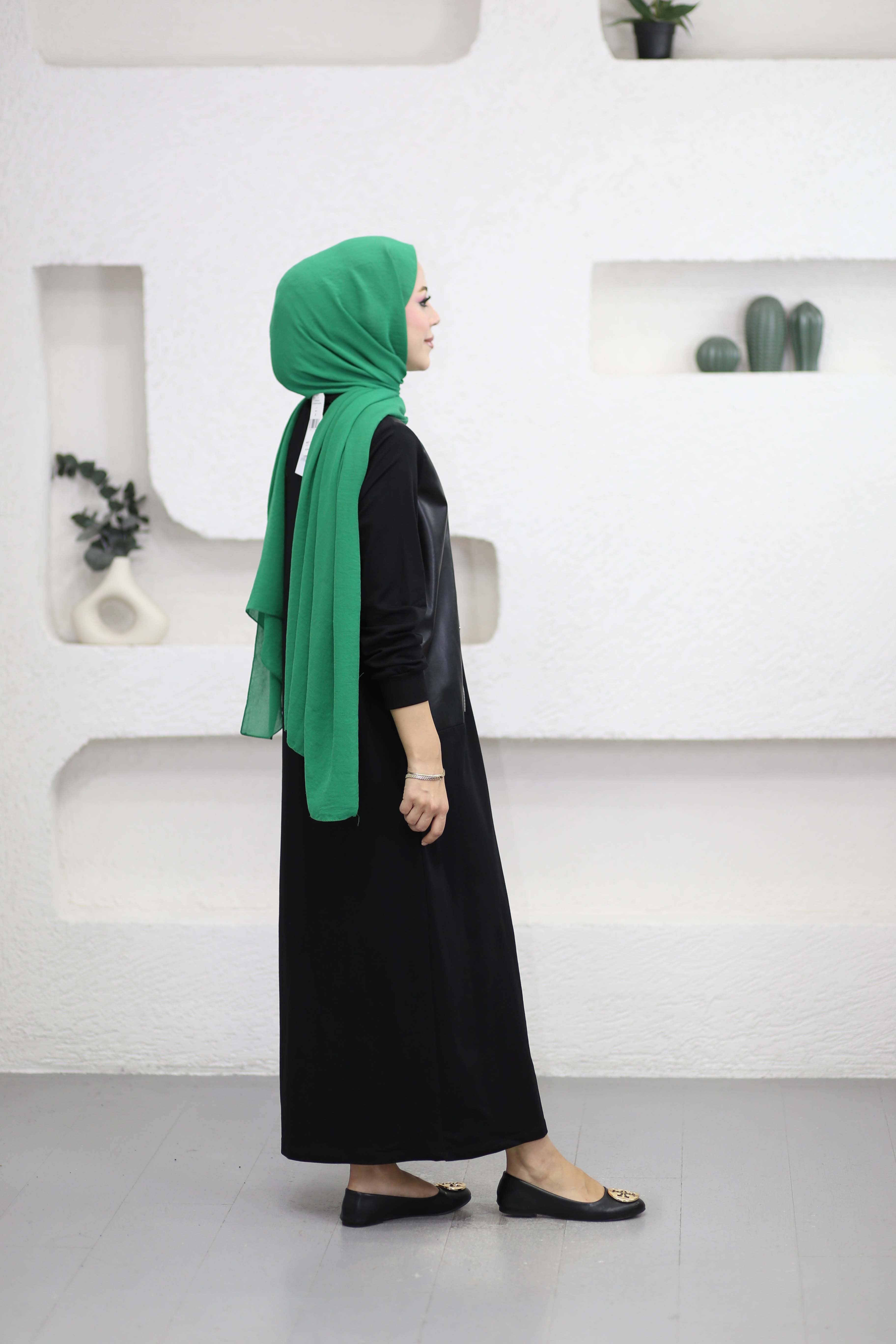 Deri Detaylı Penye Elbise Siyah 12723