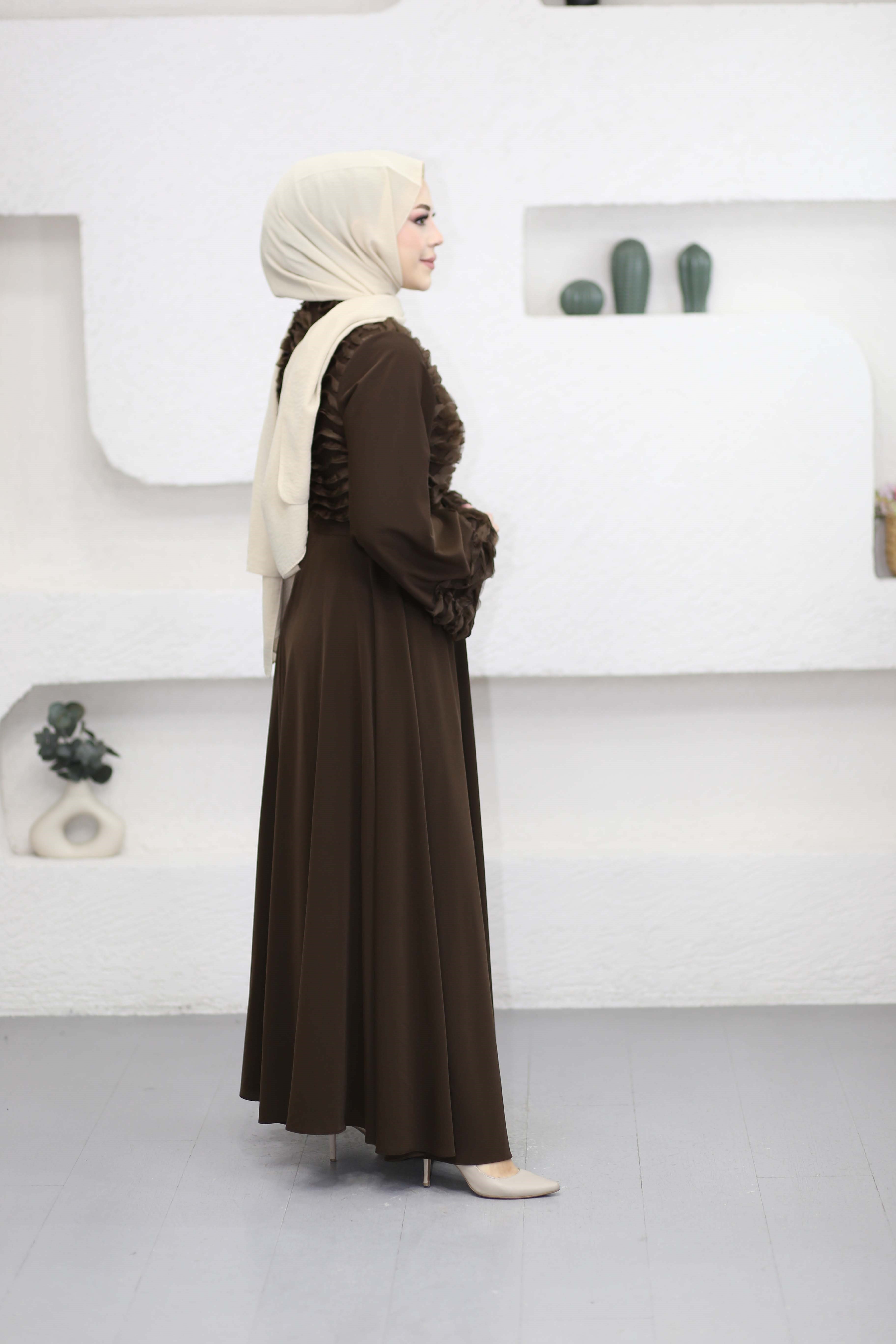 Güpür Dantel Detaylı Elbise Kahverengi 26088