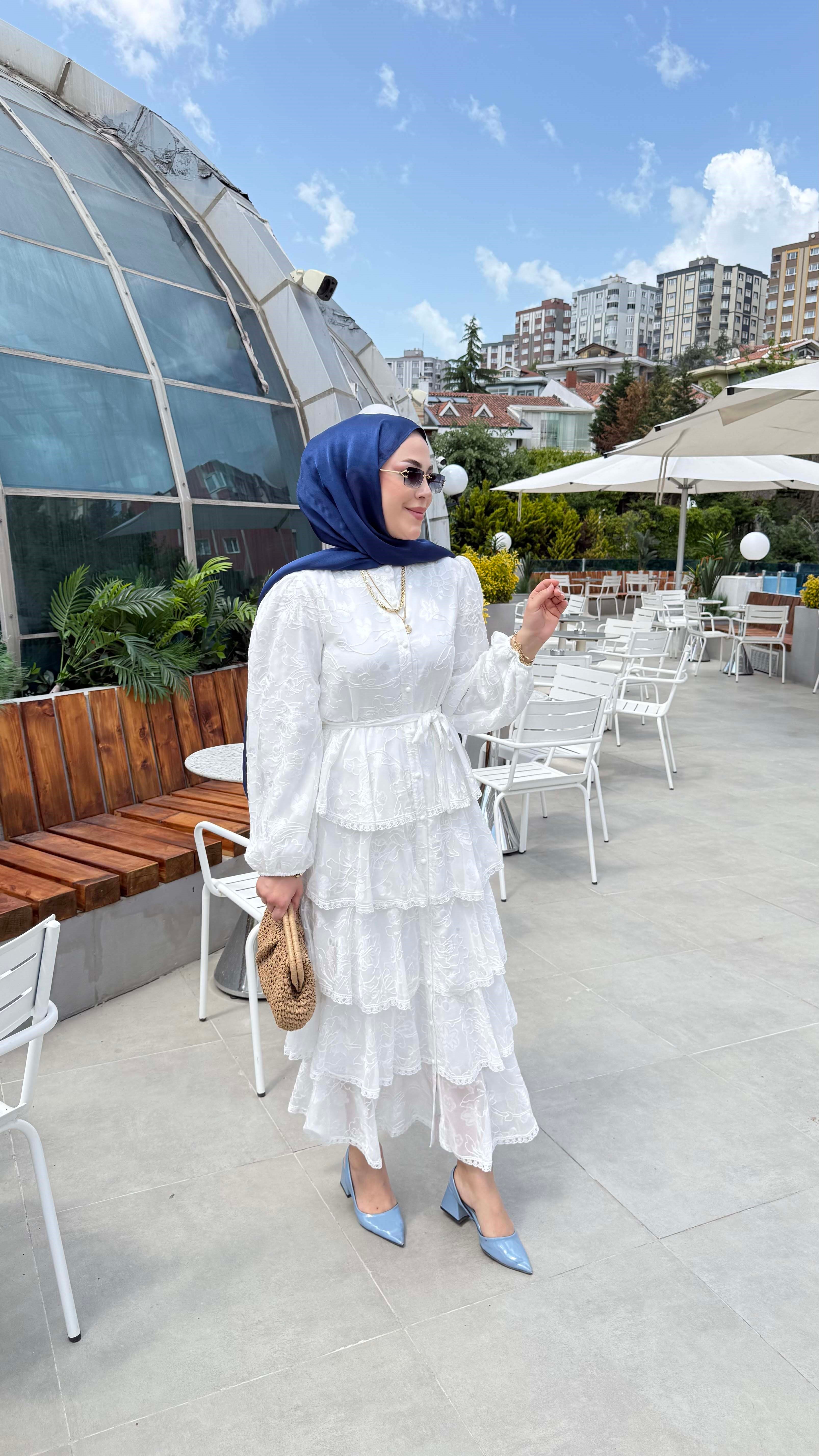 Katlı Dantel Elbise Beyaz 1367