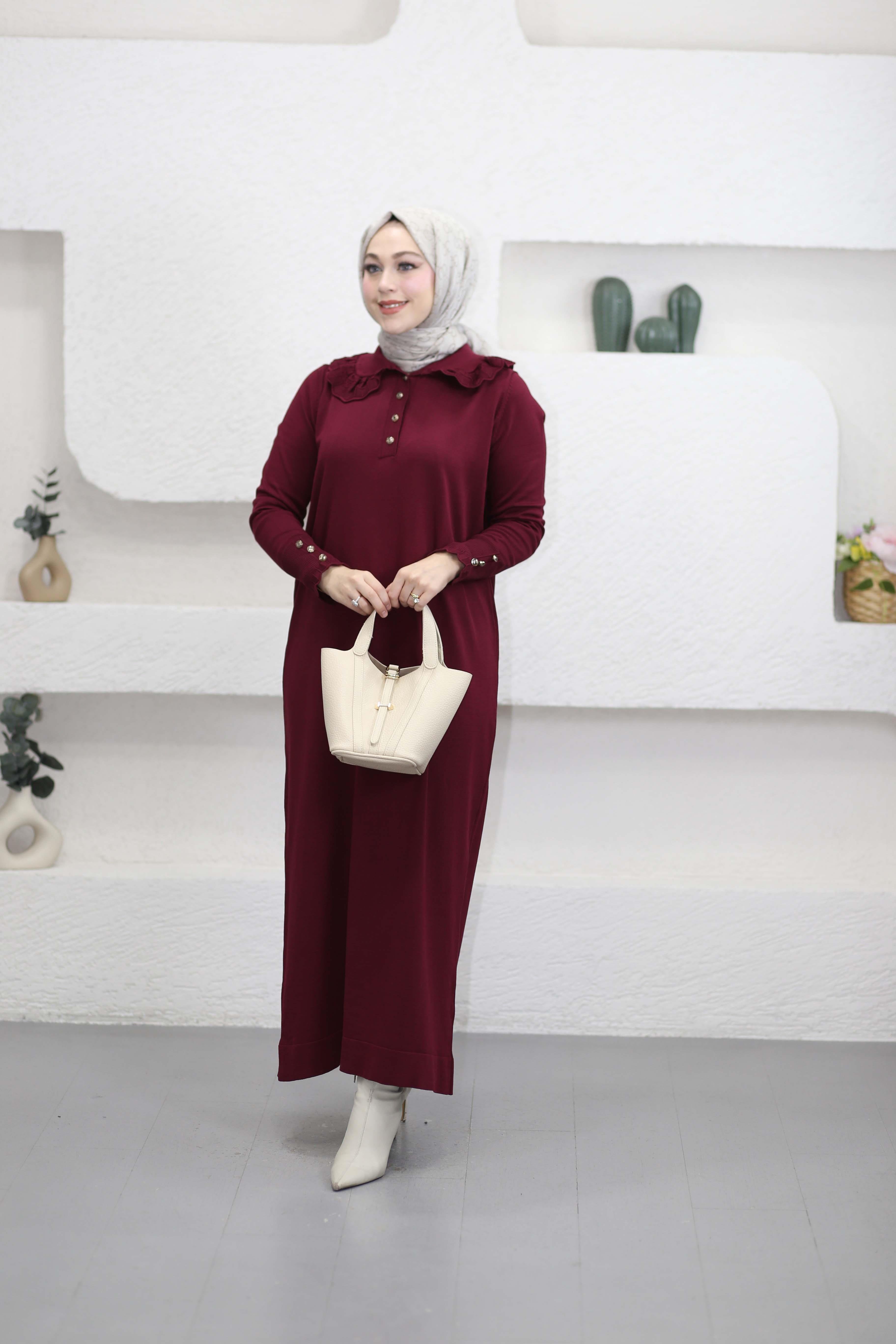 Yakası Dantelli Elbise Bordo 261