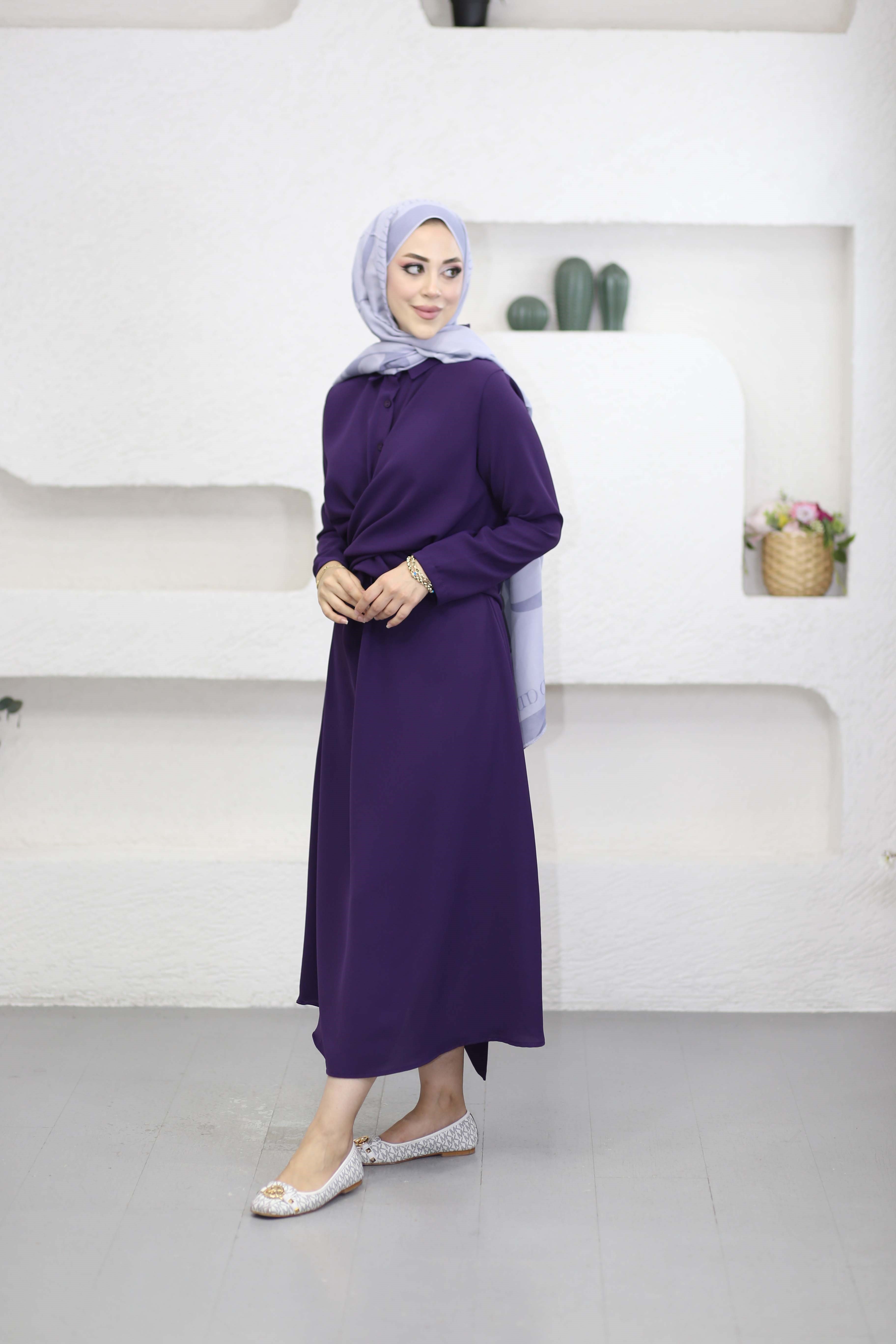 Çapraz Kuşaklı Çan Elbise Mor 5542