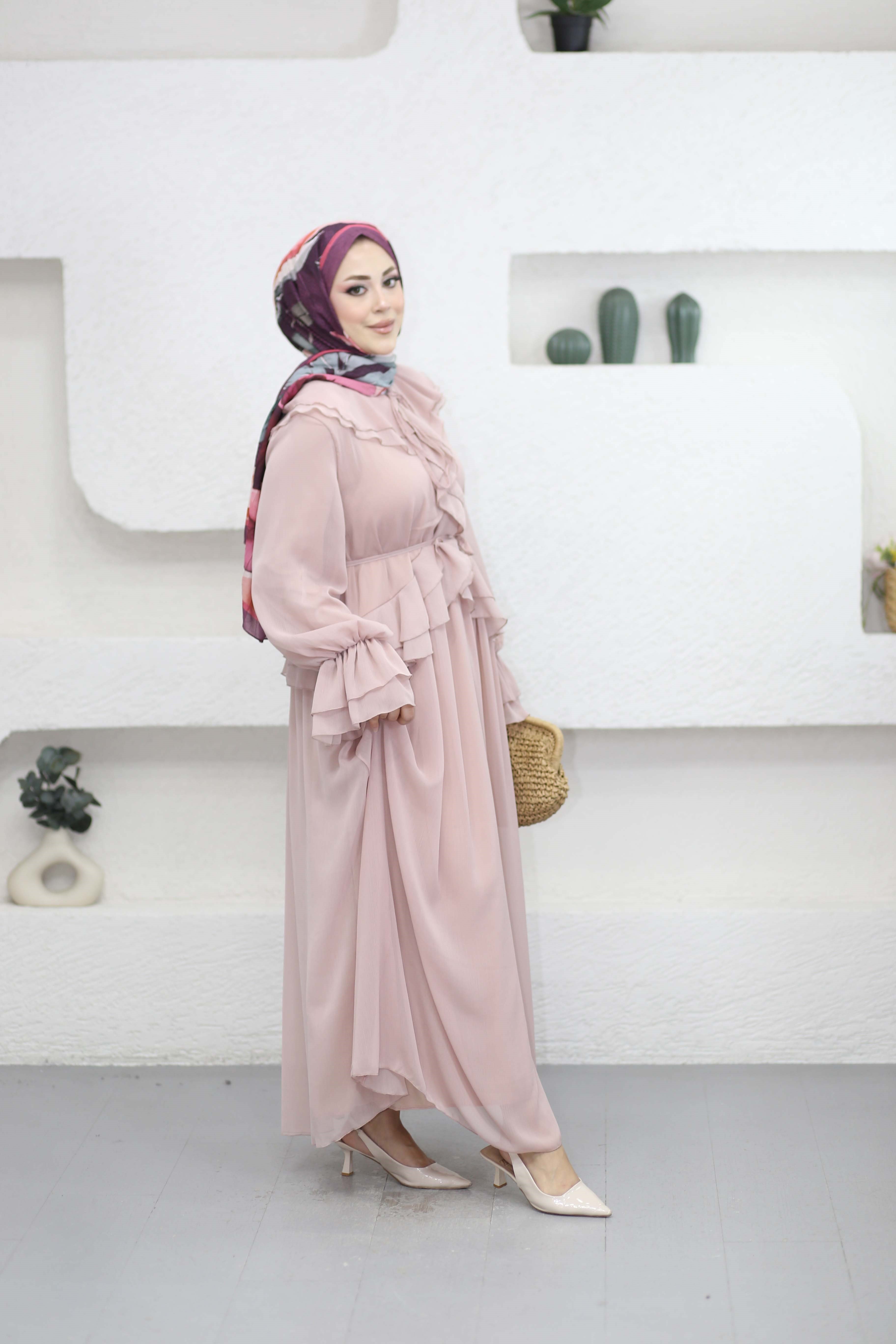 Volanlı Şifon Elbise Pudra 8519