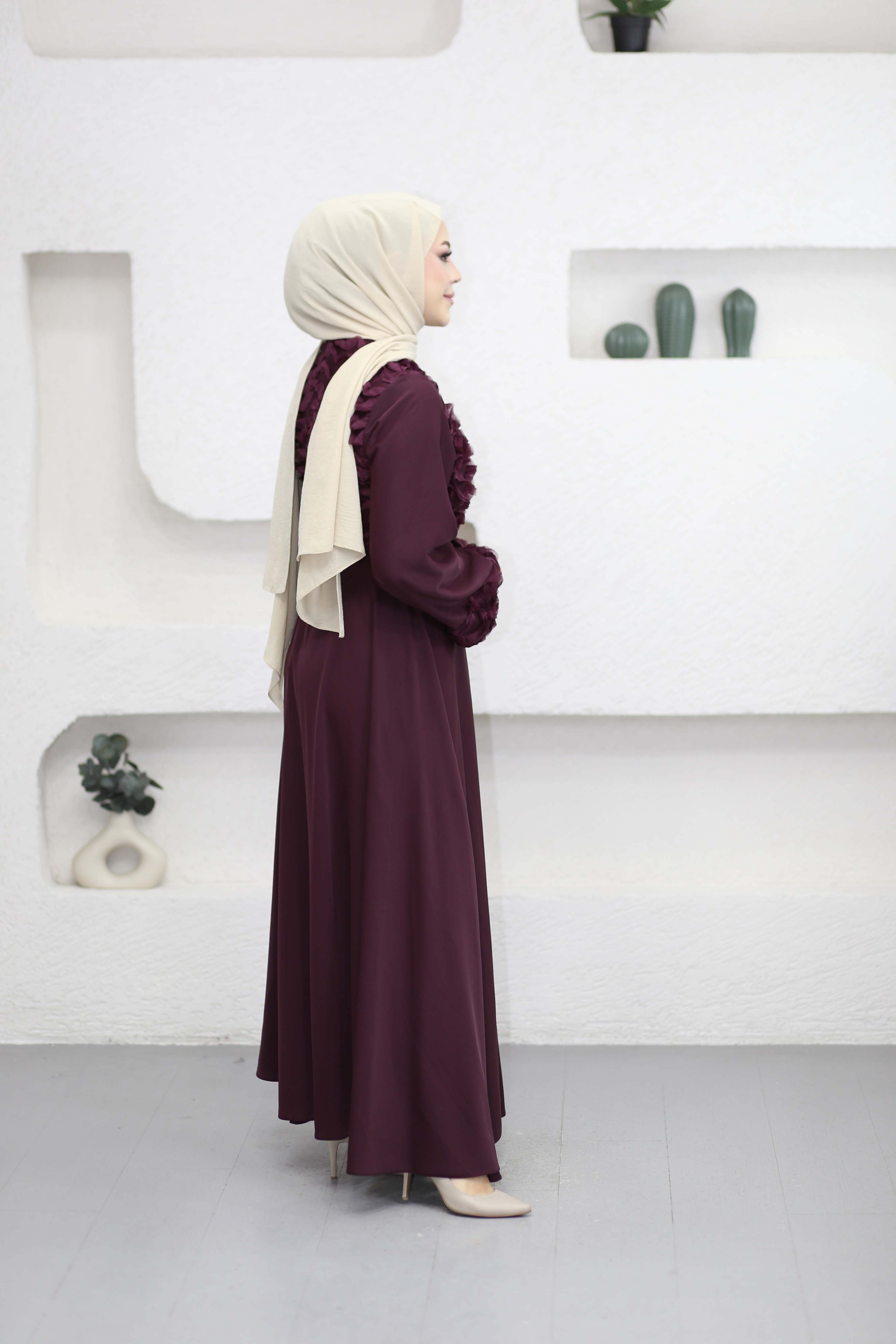 Güpür Dantel Detaylı Elbise Mürdüm 26088