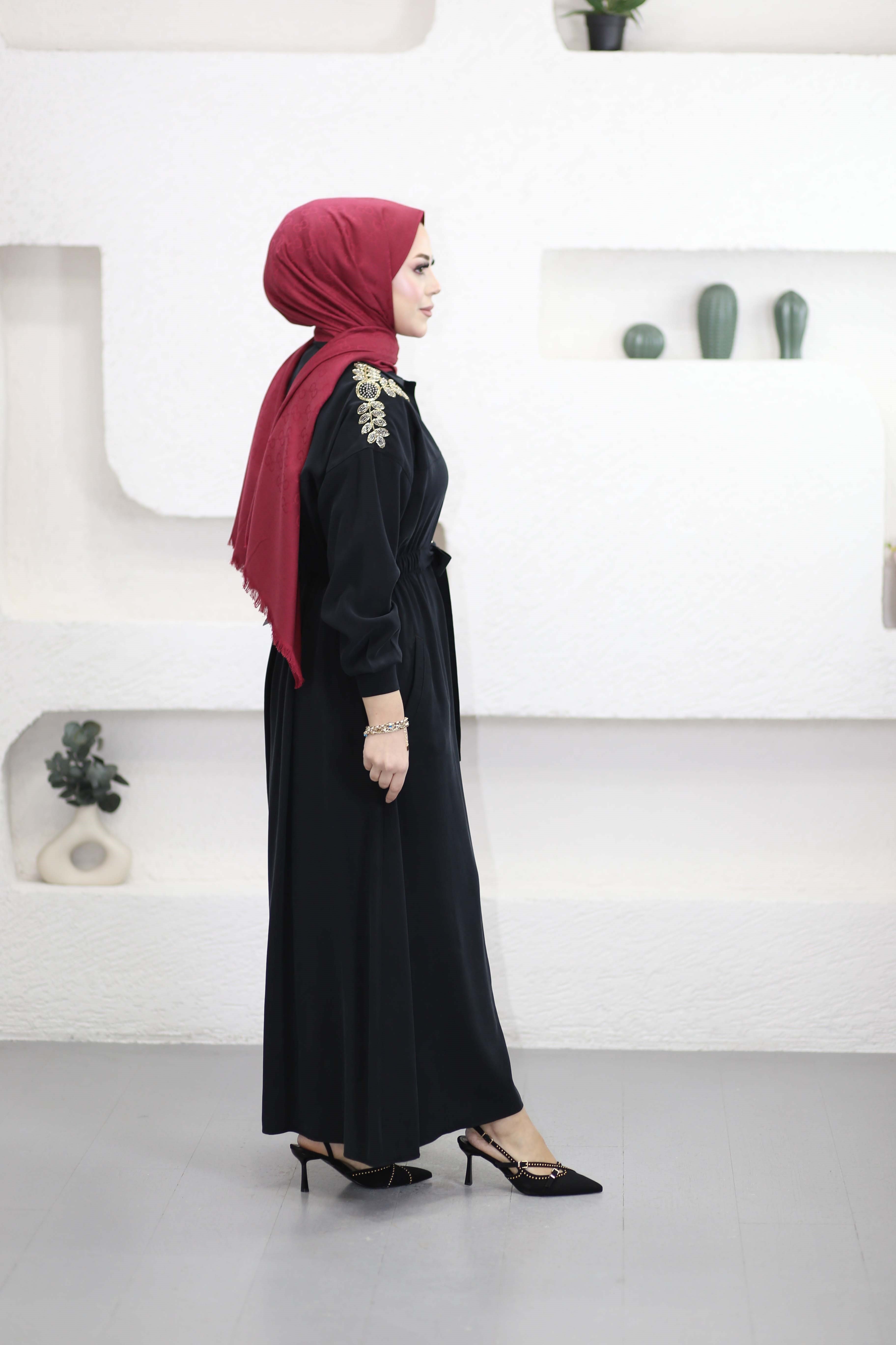 Omuz Nakışlı Elbise Siyah 1471