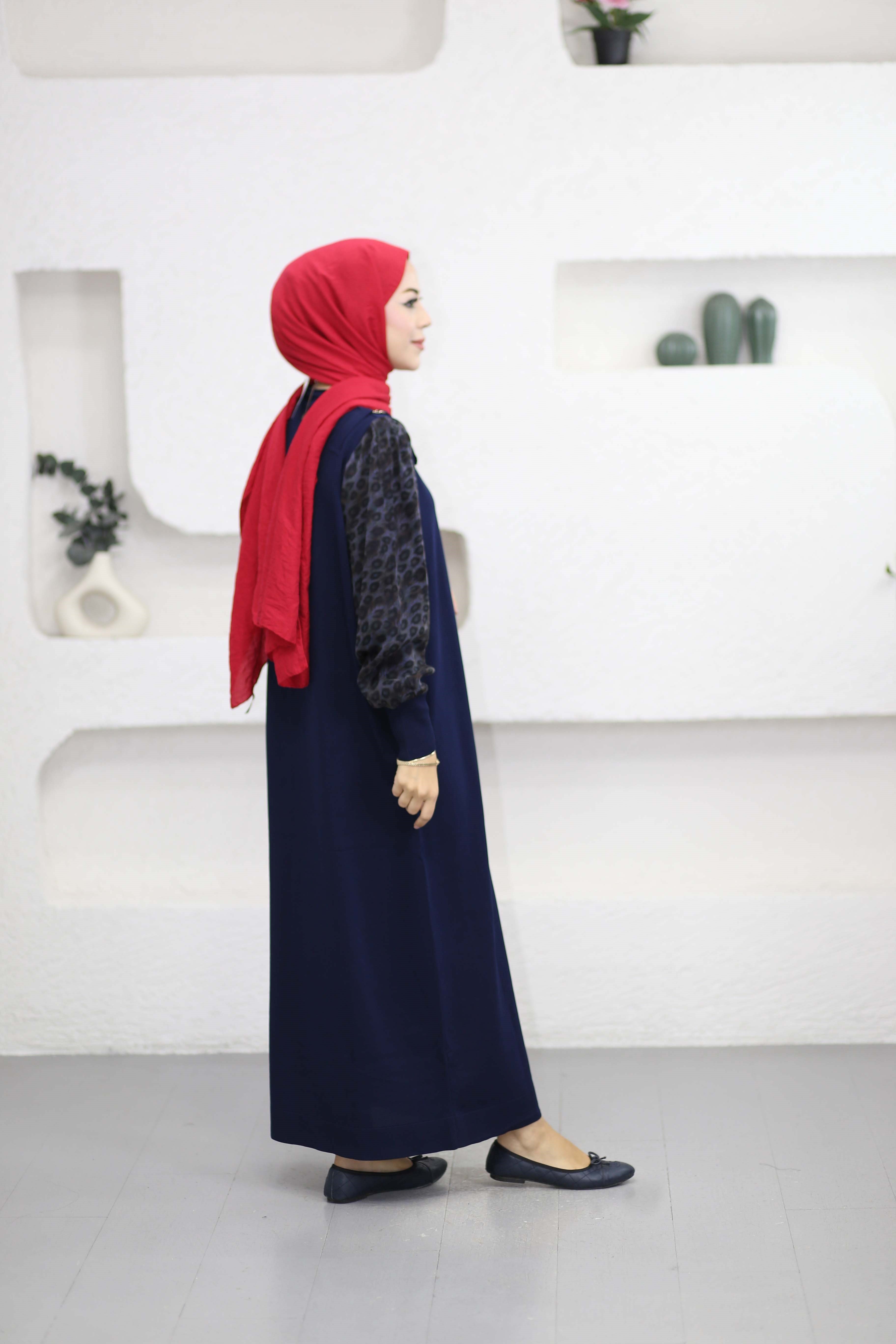 Leopar Kol Merserize Elbise Lacivert 340