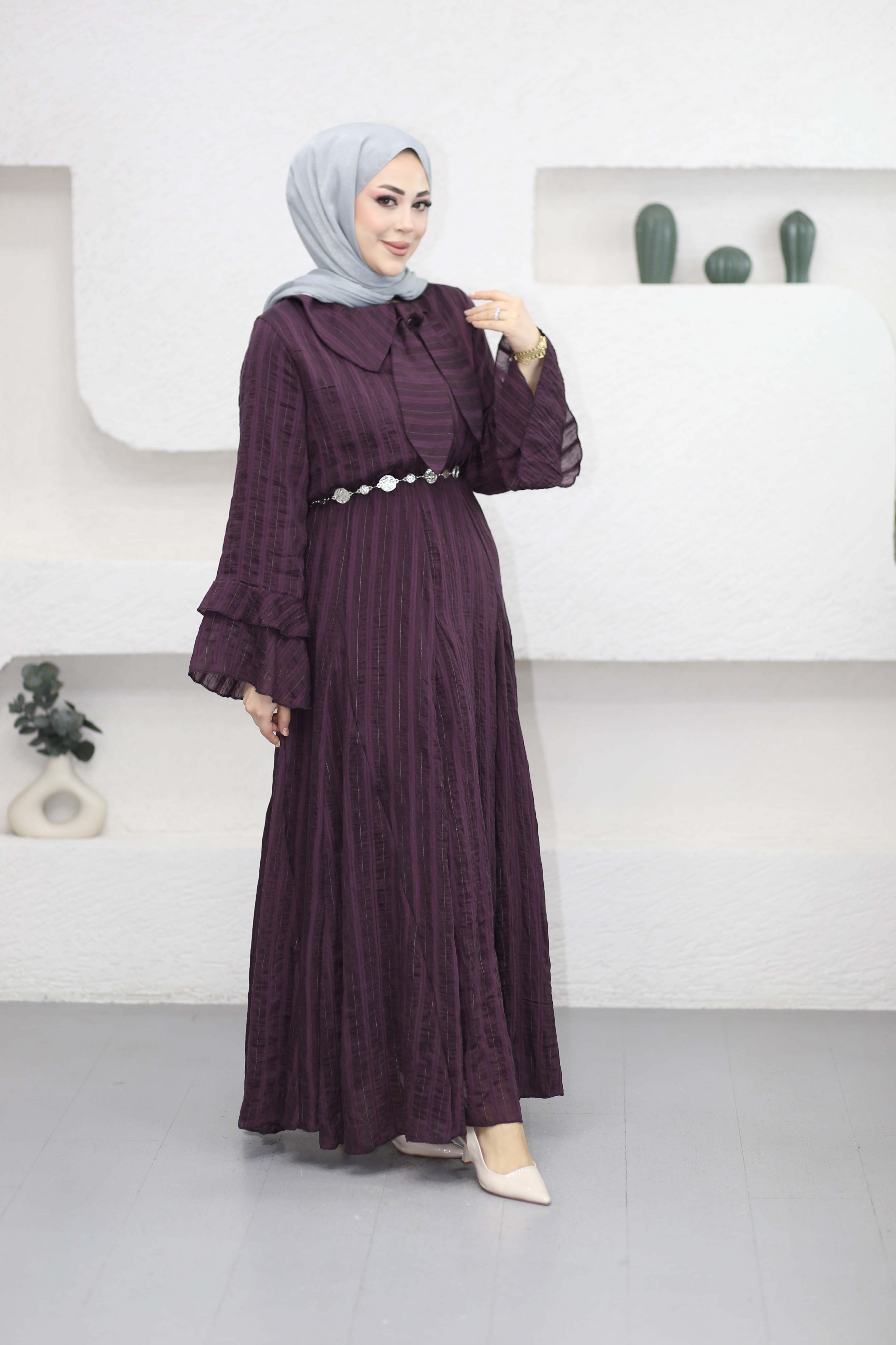 Fiyonk Detay Çizgili Elbise Mürdüm 8408