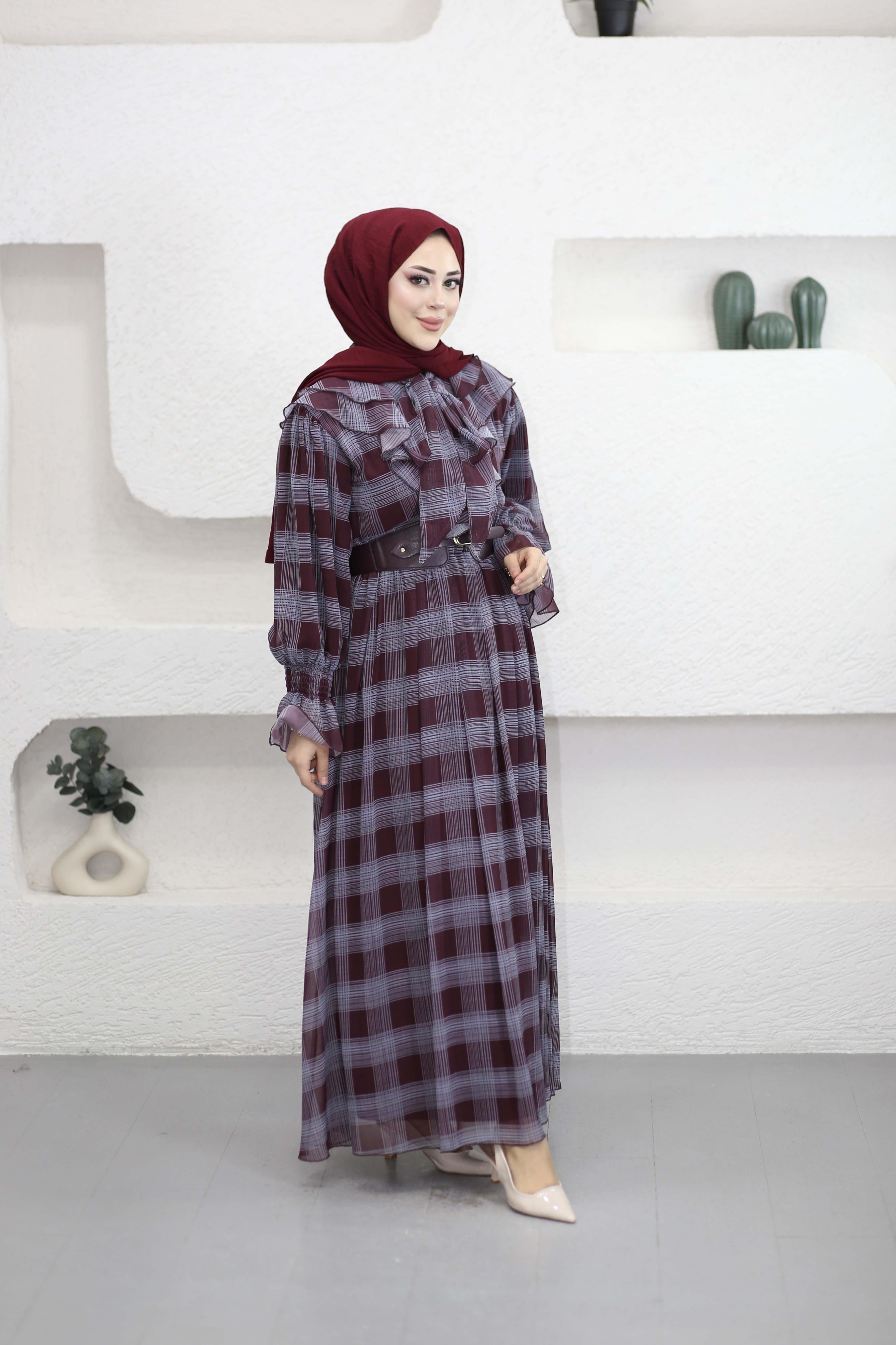 Yaka Volanlı Ekose Şifon Elbsie Bordo 8256