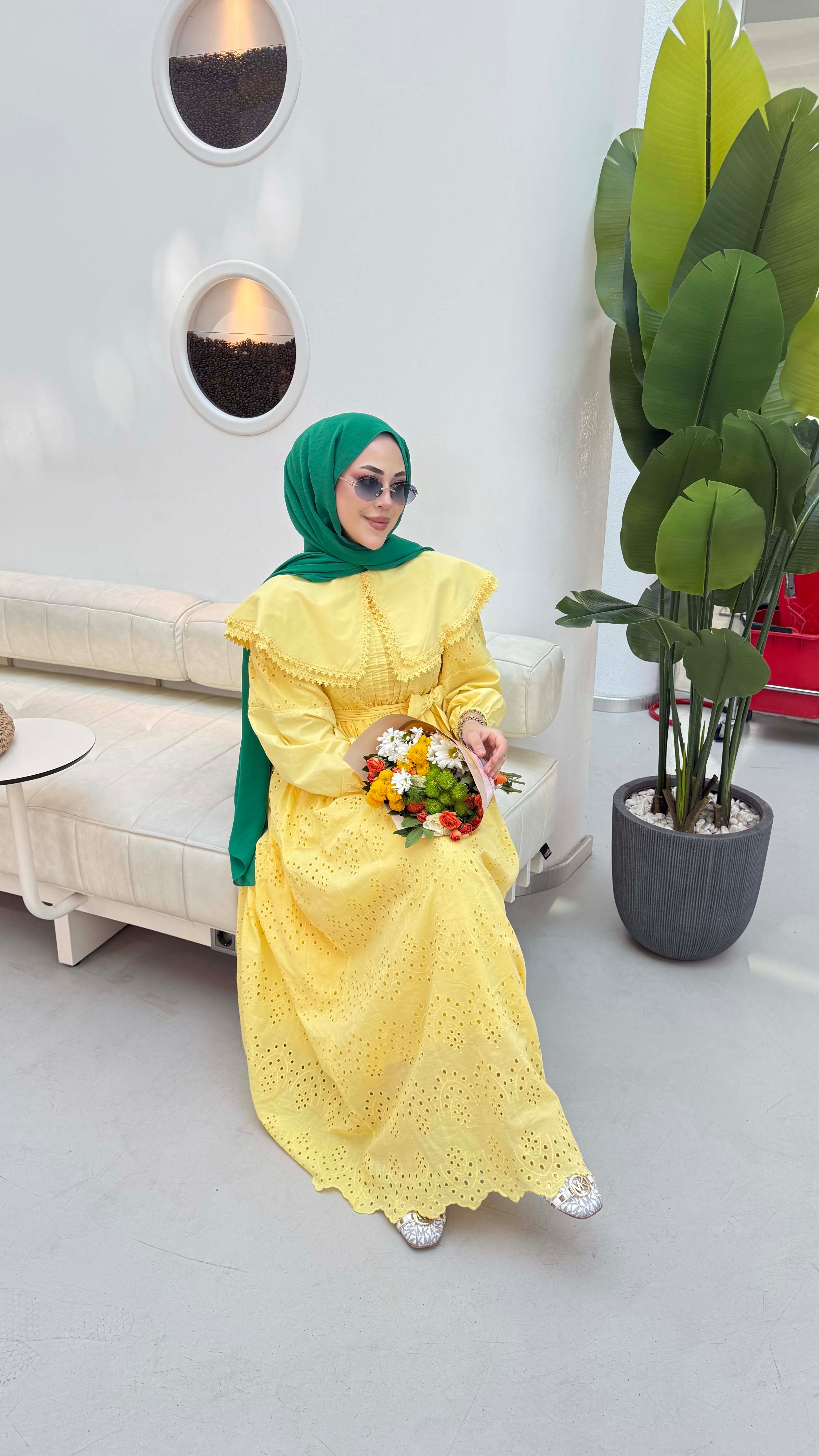 Bebe Yaka Güpür Elbise Sarı 1421